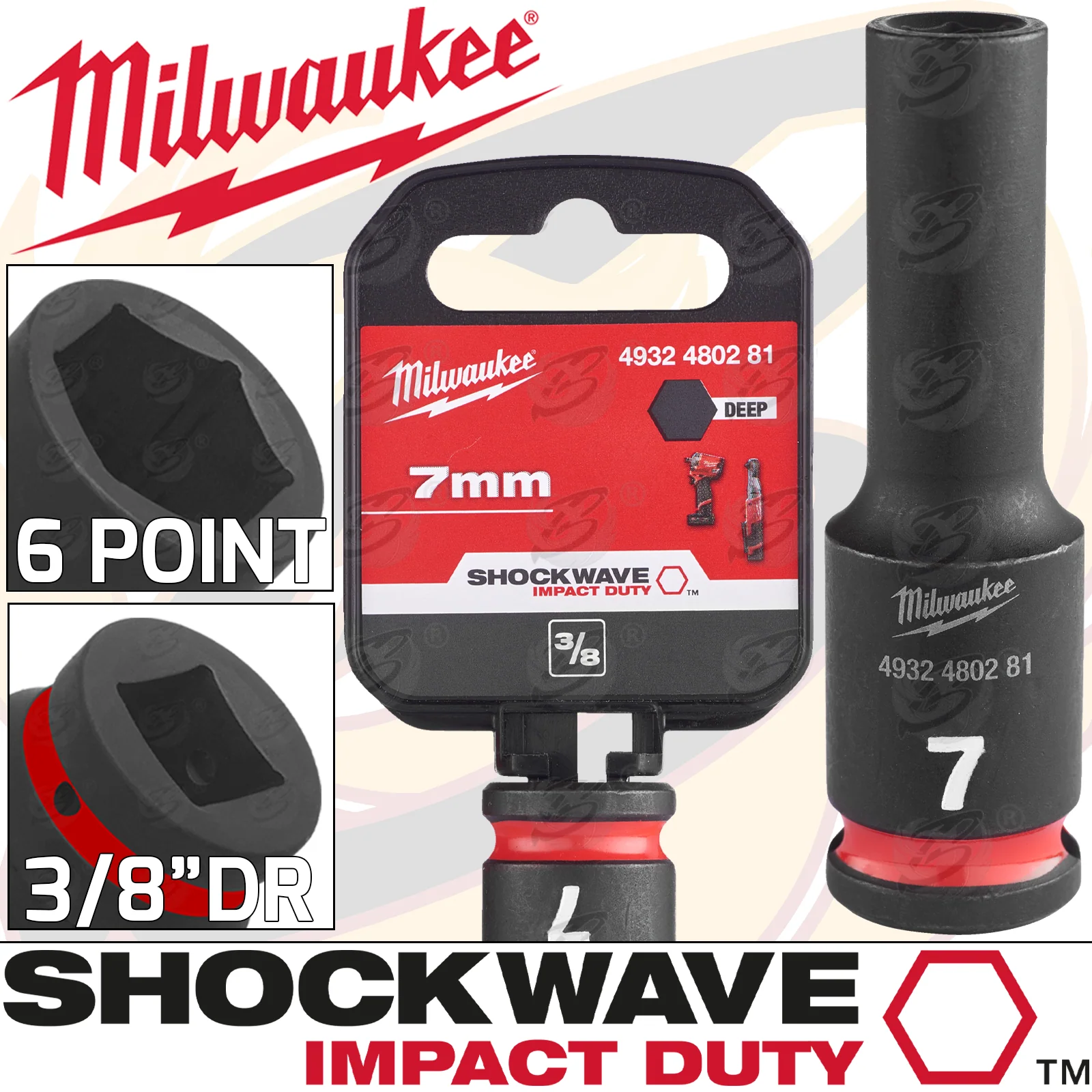 Milwaukee 7mm 3/8″ Drive 6 Point Deep Impact Socket ( Single ) ( 4932480281 )