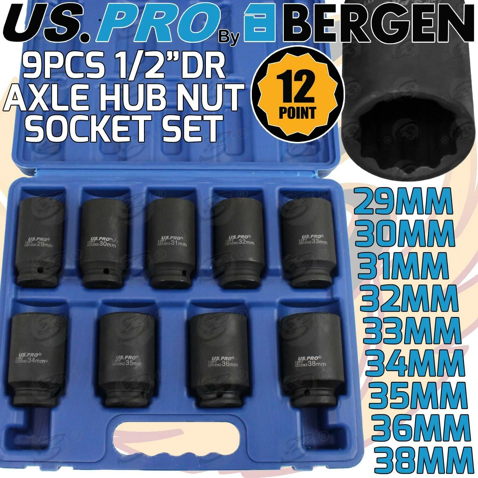US Pro 9 Piece 1/2″ Drive 12 Point Deep Impact Sockets 29mm – 38mm  3688