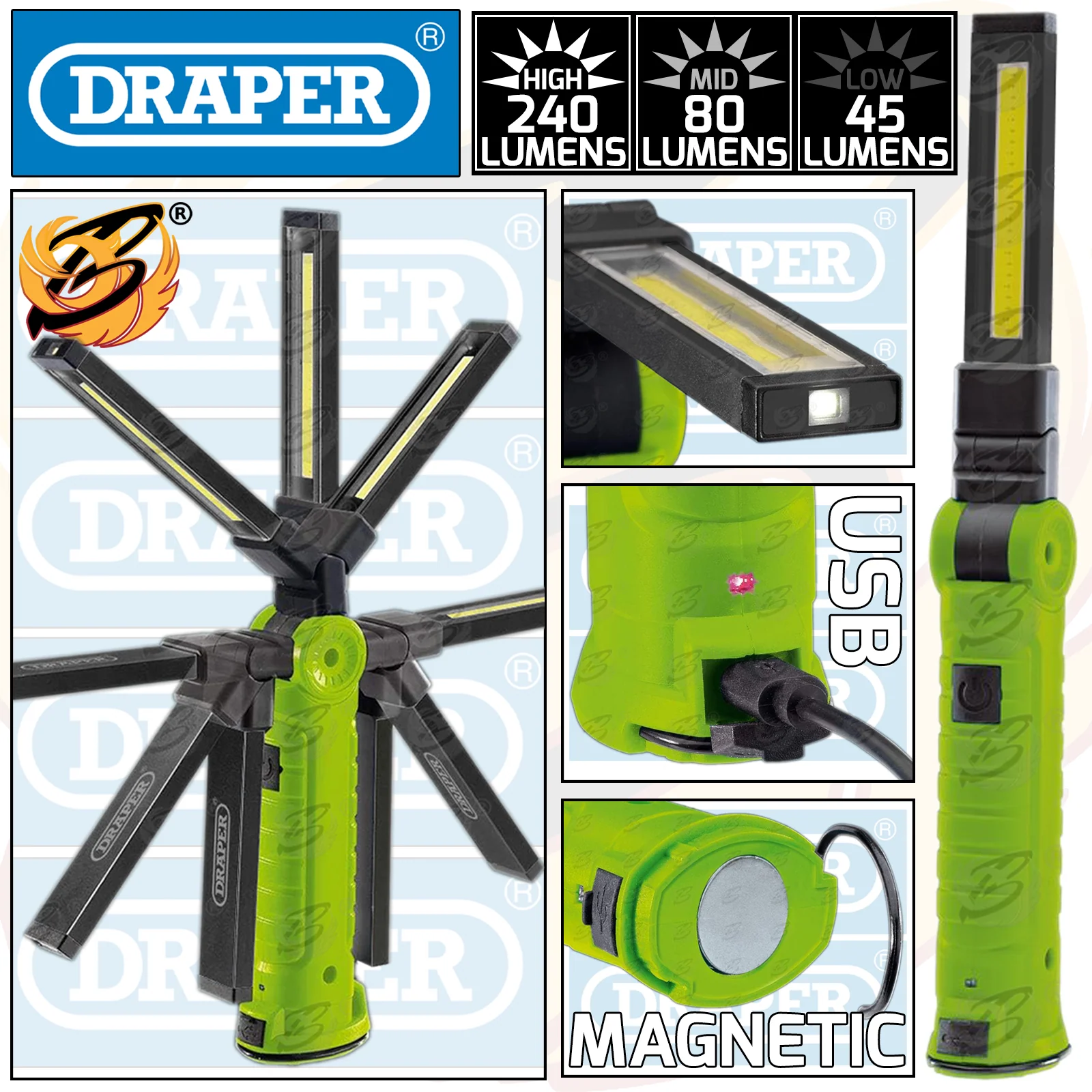 Draper Rechargeable Li – Ion Cob Smd Slimline Inspection Torch ( Green ) ( 11772 )