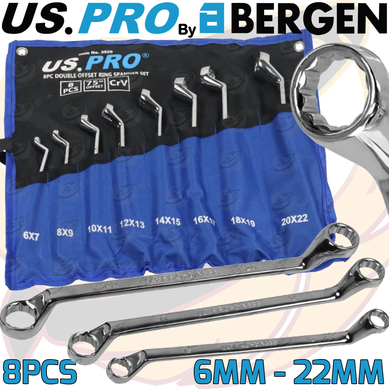 US Pro 8 Piece Offset Double Ring 12 Point Spanner 6mm – 22mm  3529