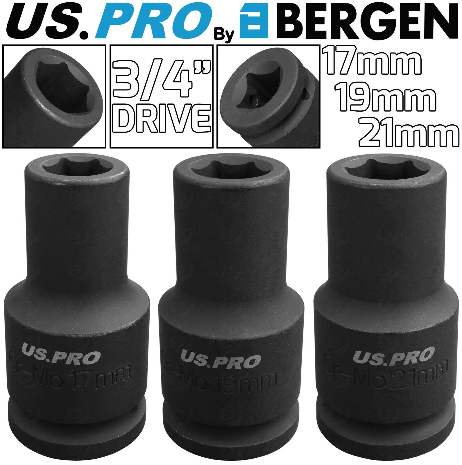 US Pro 3 Piece 3/4″ Drive 6 Point Deep Impact Sockets 17mm – 19mm – 21mm  3407 & 3408 & 3409