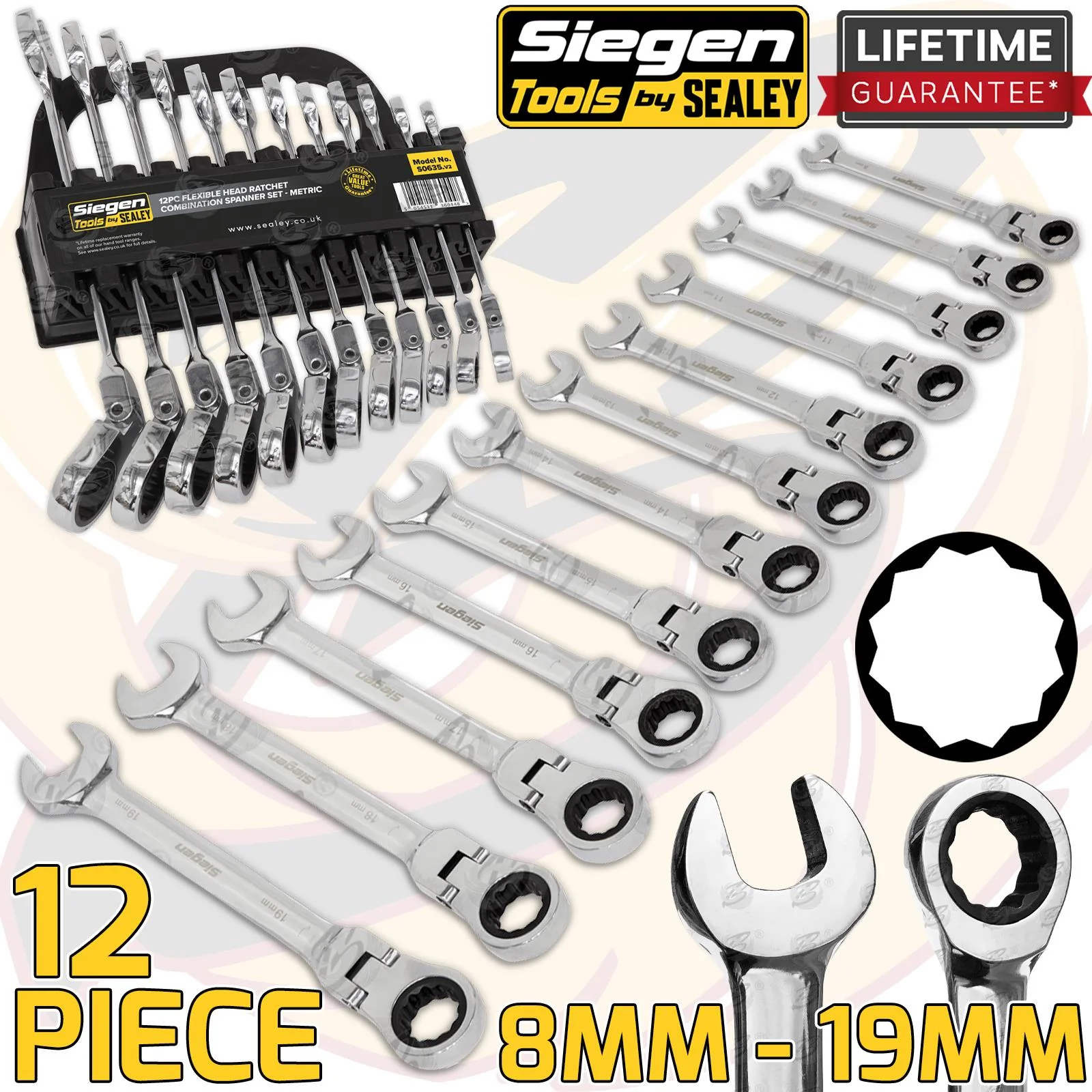Siegen 12 Piece Combination Flexible Ratchet Spanner Set 8mm – 19mm S0635