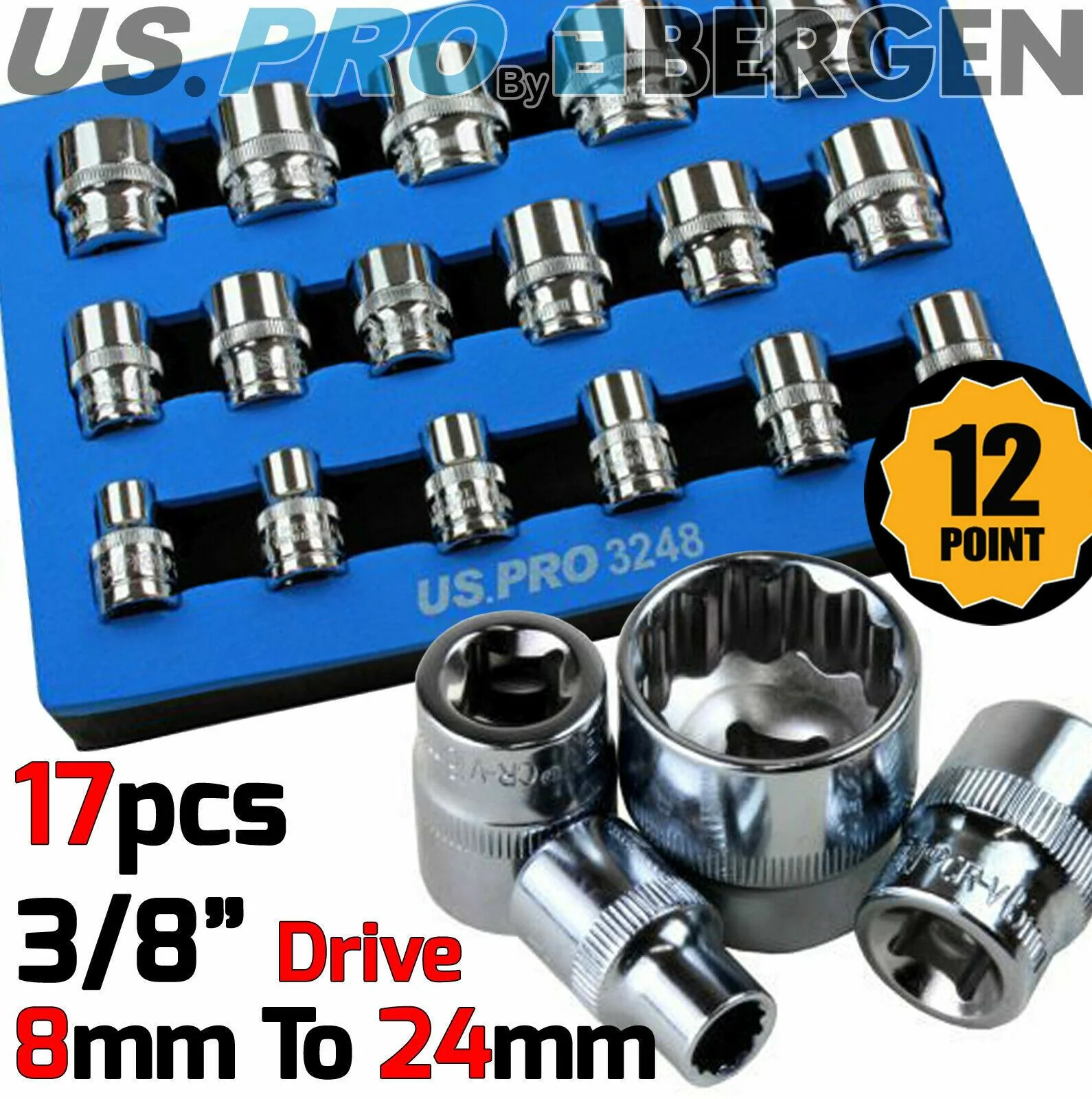 US Pro 17 Piece 3/8″ Drive 12 Point Shallow Sockets 8mm – 24mm  3248