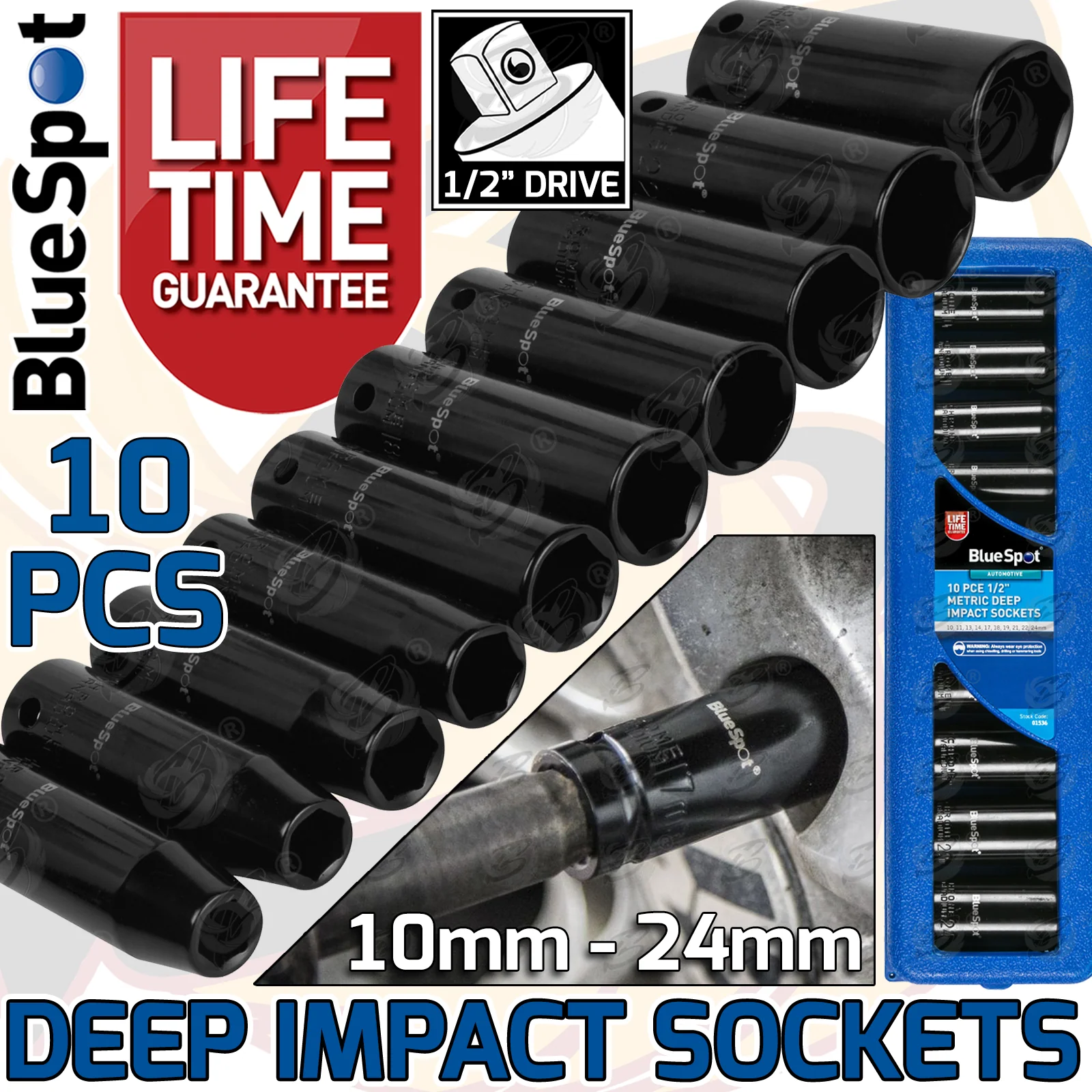 BlueSpot 10 Piece 1/2″ Drive 6 Point Deep Impact Sockets 10mm – 24mm ( 01536 )