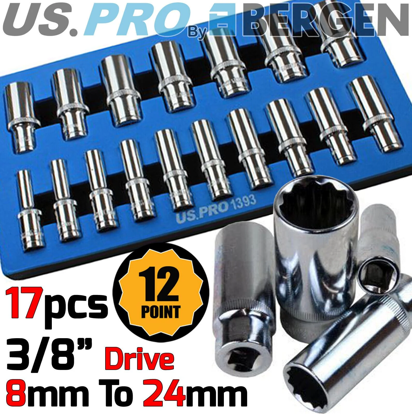 US Pro 17 Piece 3/8″ Drive 12 Point Deep Sockets 8mm – 24mm  1393
