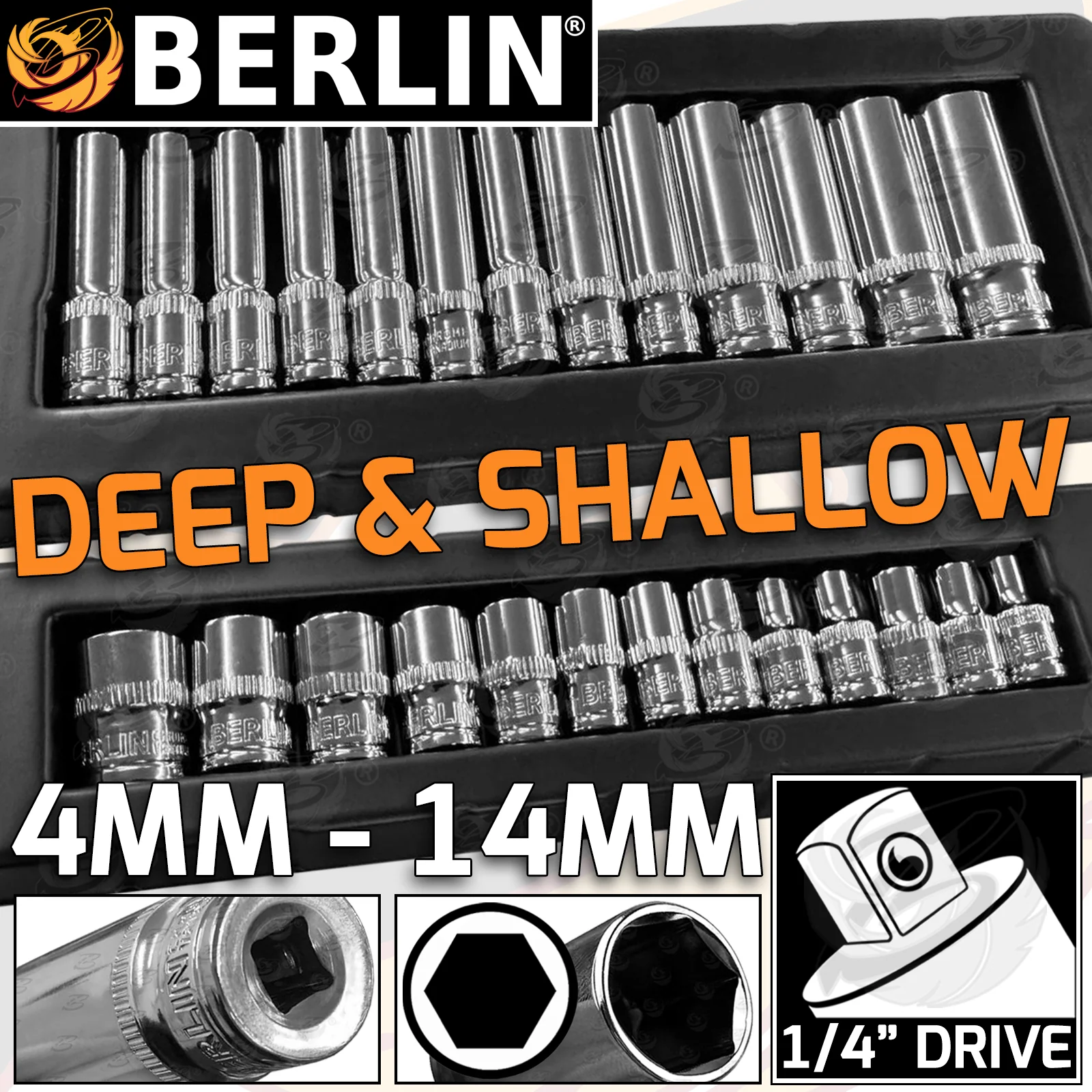BERLIN 26PCS 1/4″ DRIVE 6 POINT DEEP & SHALLOW SOCKETS 4MM – 14MM