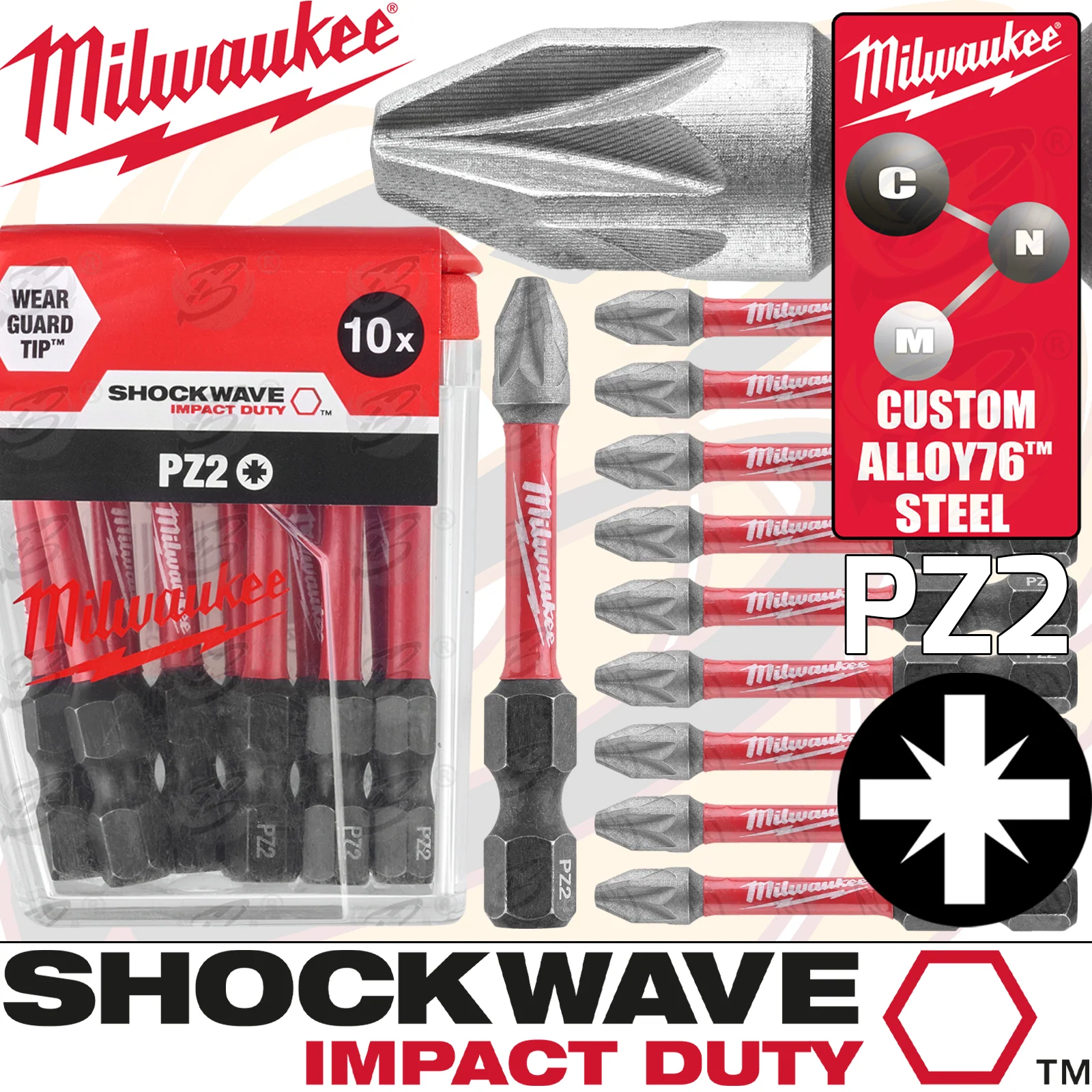 Milwaukee 10 Piece PZ2 x 50mm Pozidrive Impact Drill / Driver Bits ( Shockwave Impact Duty ) ( 4932472050 )