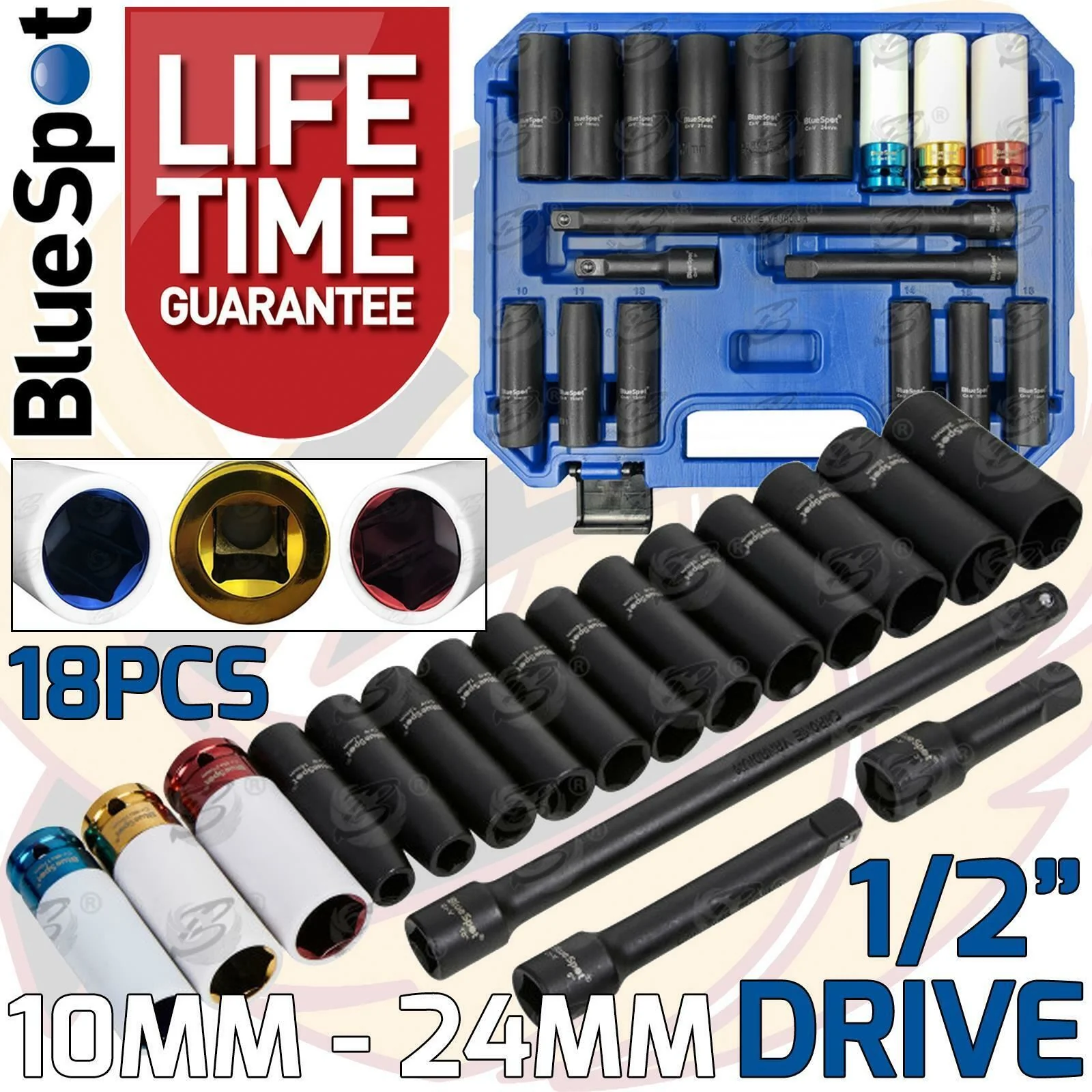 BlueSpot 18 Piece 1/2″ Drive 6 Point Deep Impact Sockets & Extensions 10mm – 24mm ( 01559 )