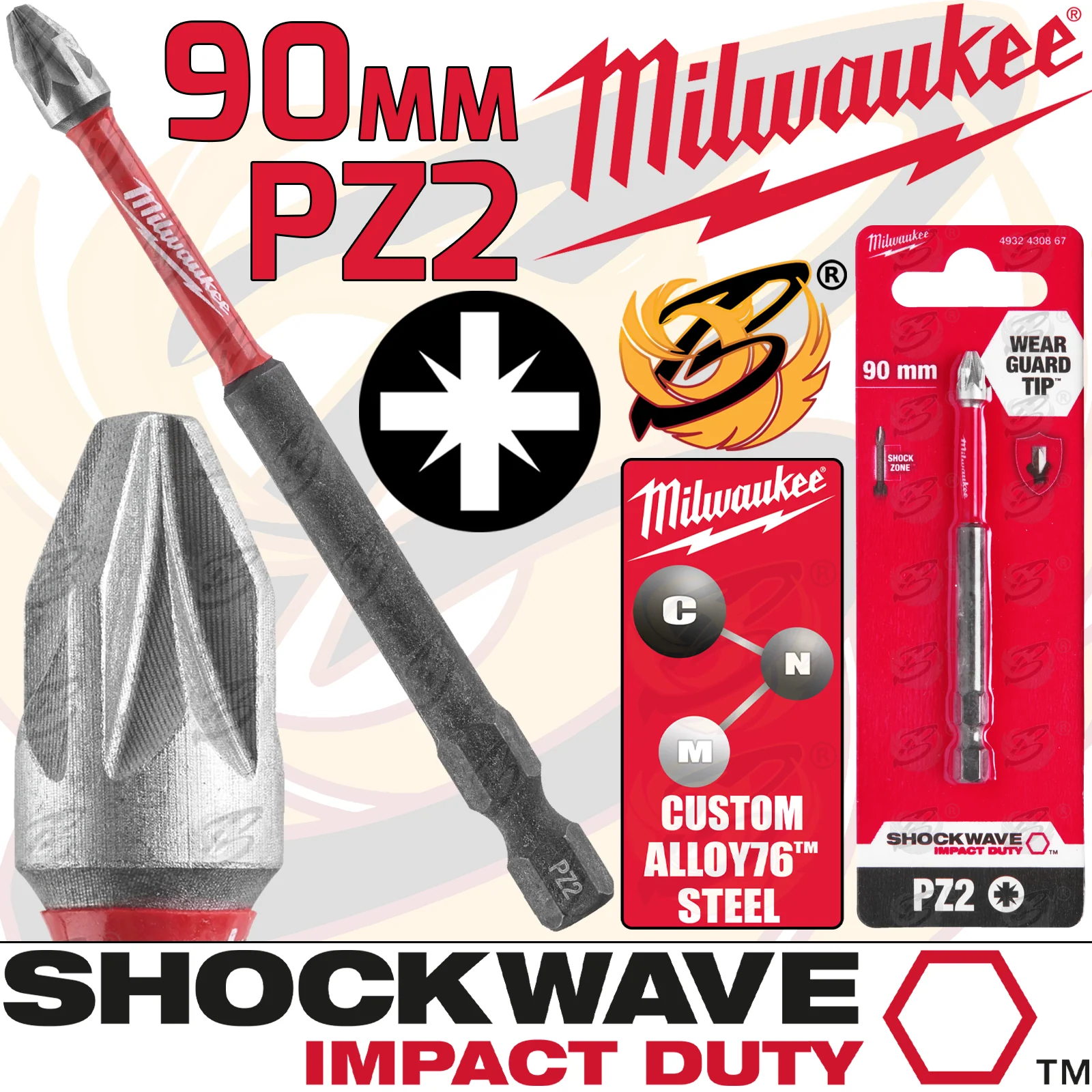 Milwaukee PZ2 x 90mm Pozidrive Impact Drill / Driver Bit ( Shockwave Impact Duty ) ( 4932472054 )