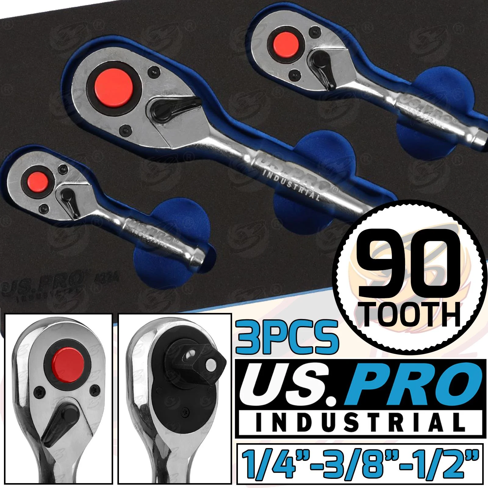 US Pro Industrial 3 Piece 1/4″ & 3/8″ & 1/2″ Drive 90 Tooth Stubby Ratchet Handles  4224
