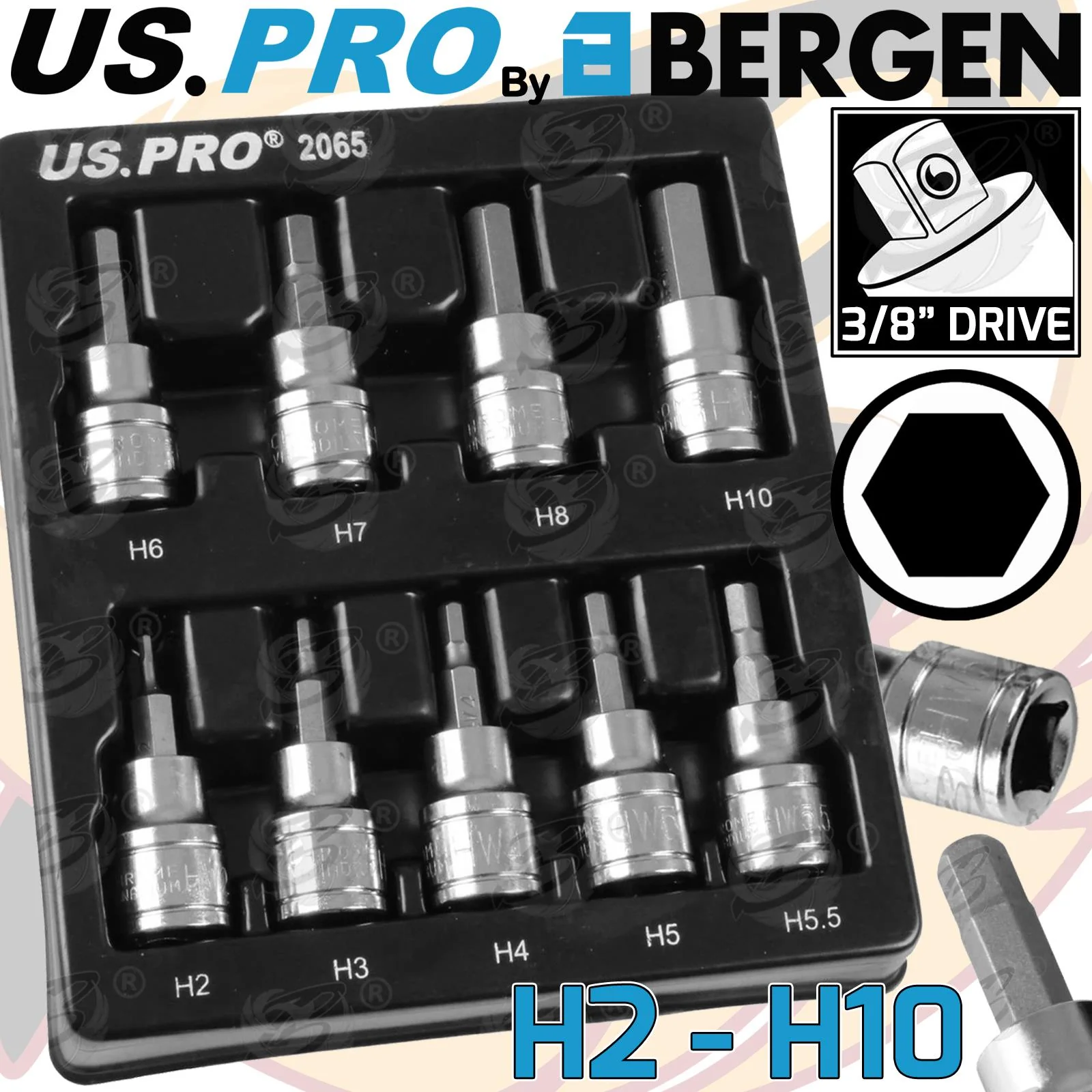 US PRO 9PCS 3/8″ DRIVE HEX BIT SOCKETS H2 – H10