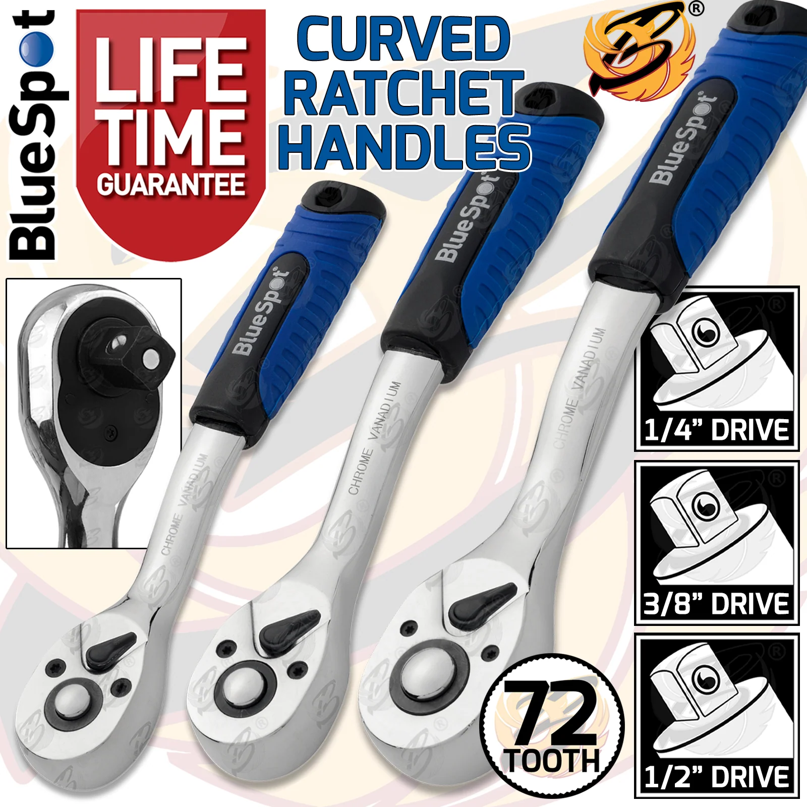 BLUESPOT 3PCS 1/4″ & 3/8″ & 1/2″ DRIVE 72 TOOTH SOFT GRIP CURVED RATCHET HANDLE SET