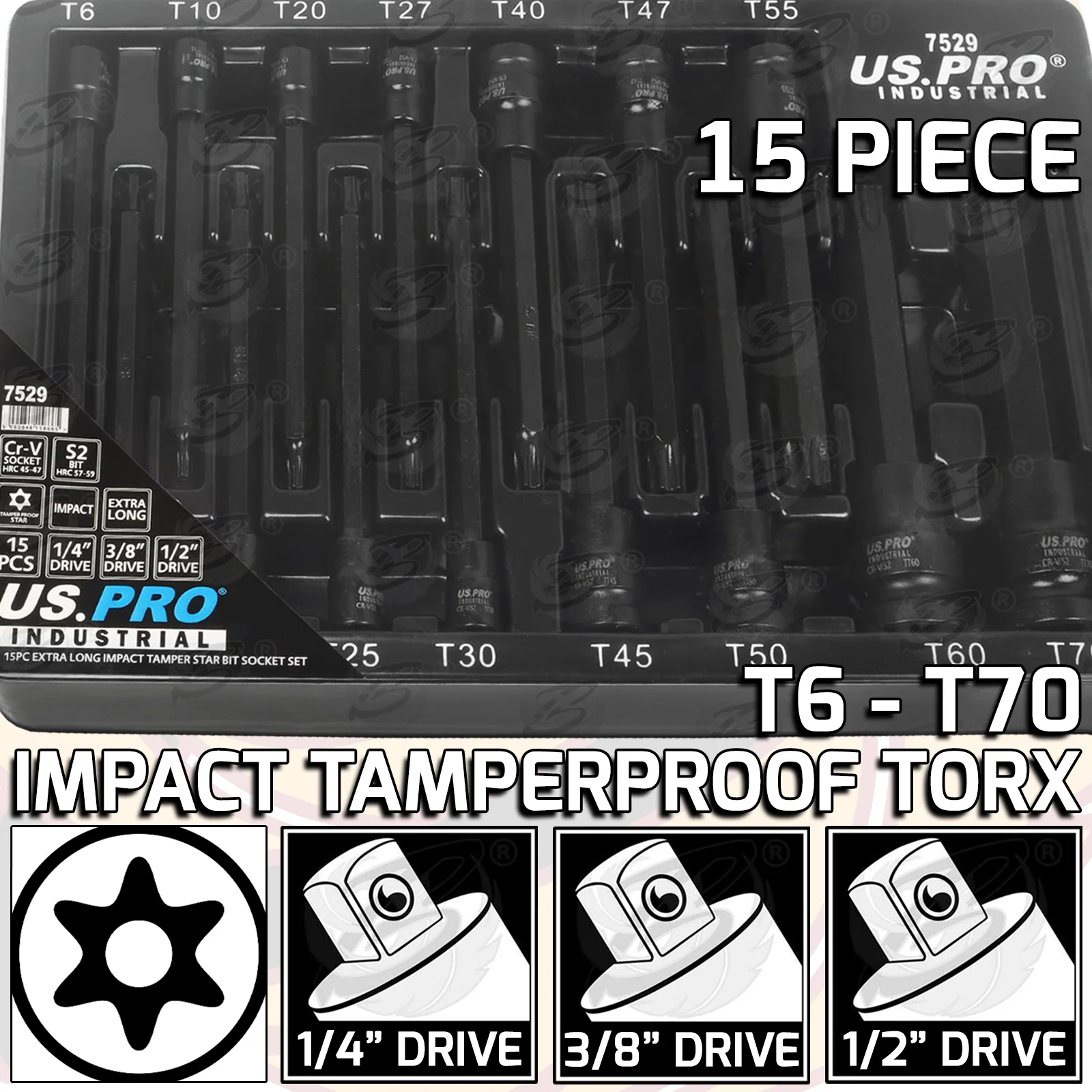 US Pro Industrial 15 Piece 1/4″ & 3/8″ & 1/2″ Drive Extra Long Impact Tamperproof Torx Bit Sockets T6 – T70  7529