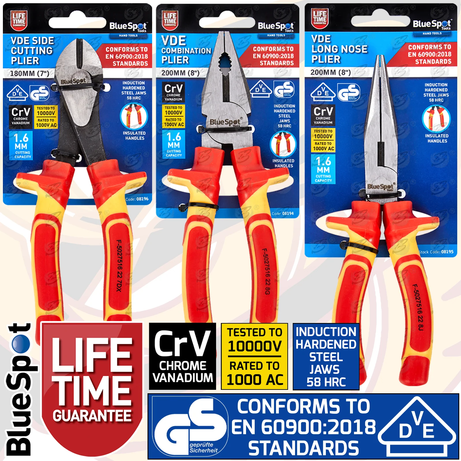 BLUESPOT 3PCS VDE PLIER SET ( COMBI – CUTTERS – LONG NOSE )