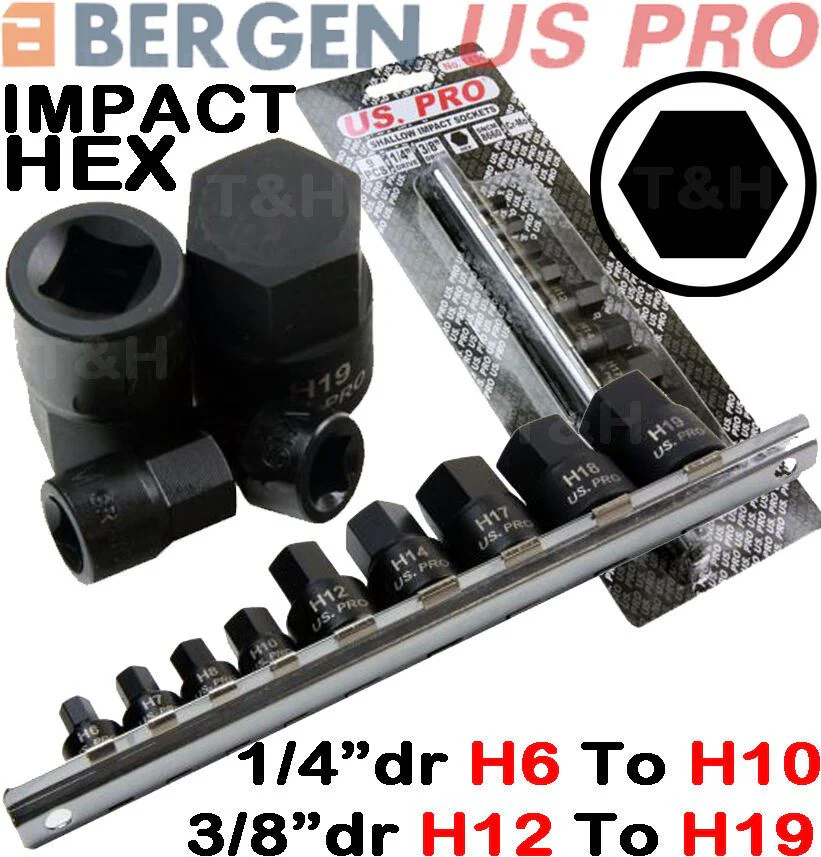 US Pro 9 Piece 1/4″ & 3/8″ Drive Impact Hex Bit Sockets H6 – H19  3863