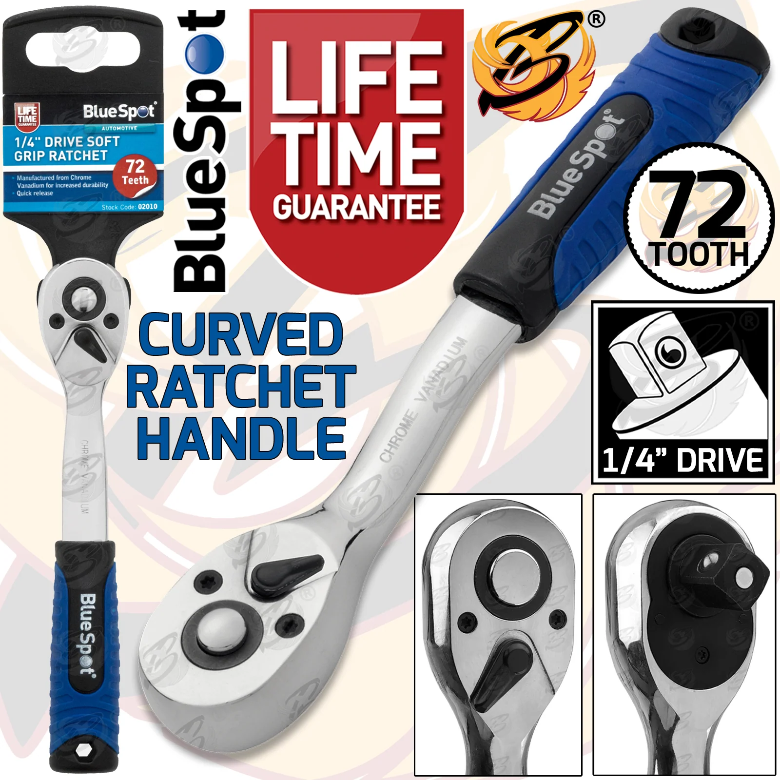 BlueSpot 1/4″ Drive 72 Tooth Soft Grip Curved Ratchet Handle ( 02010 )