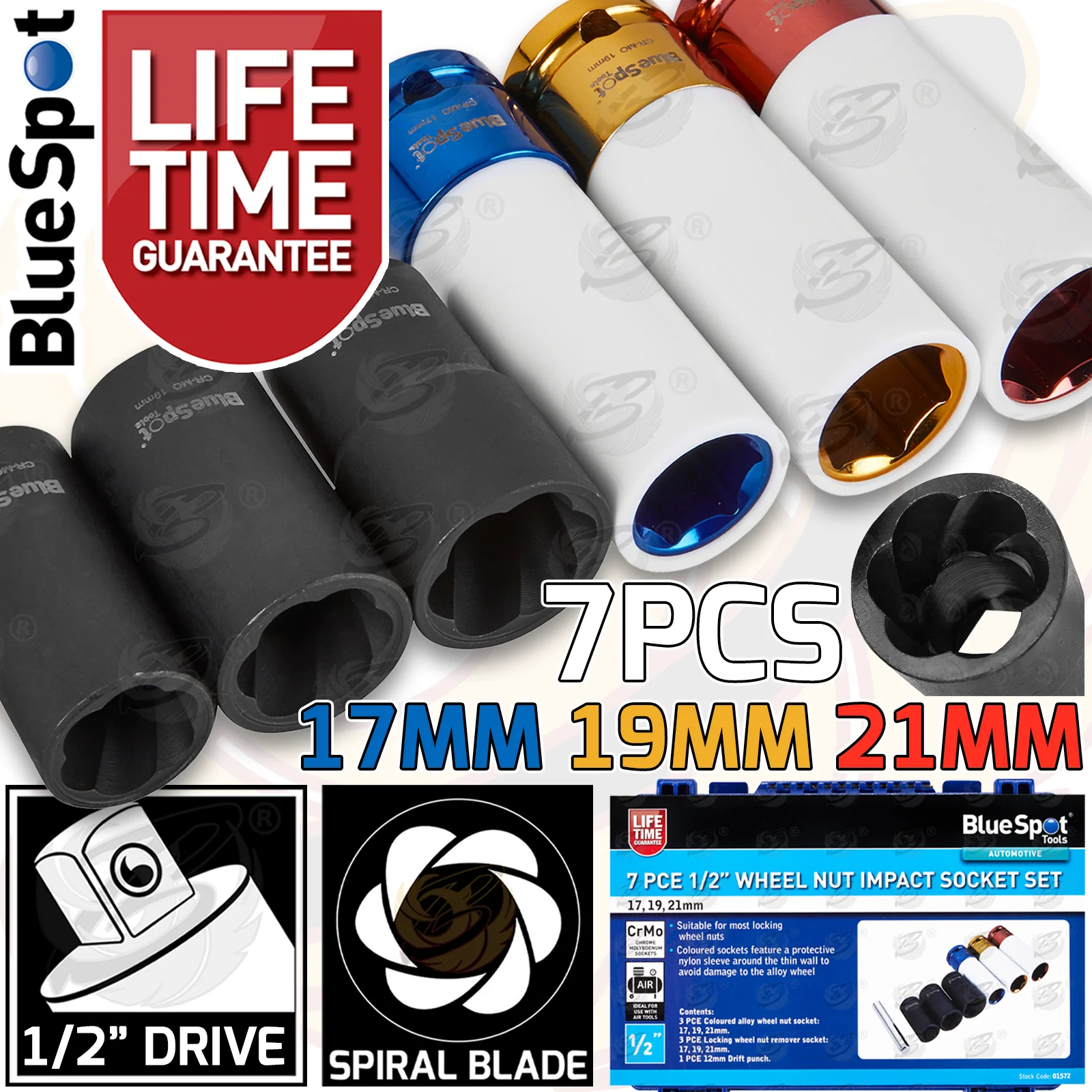 BlueSpot 7 Piece 1/2″ Drive Wheel Nut Impact Twist Socket Set ( 17mm – 19mm – 21mm ) ( 01572 )