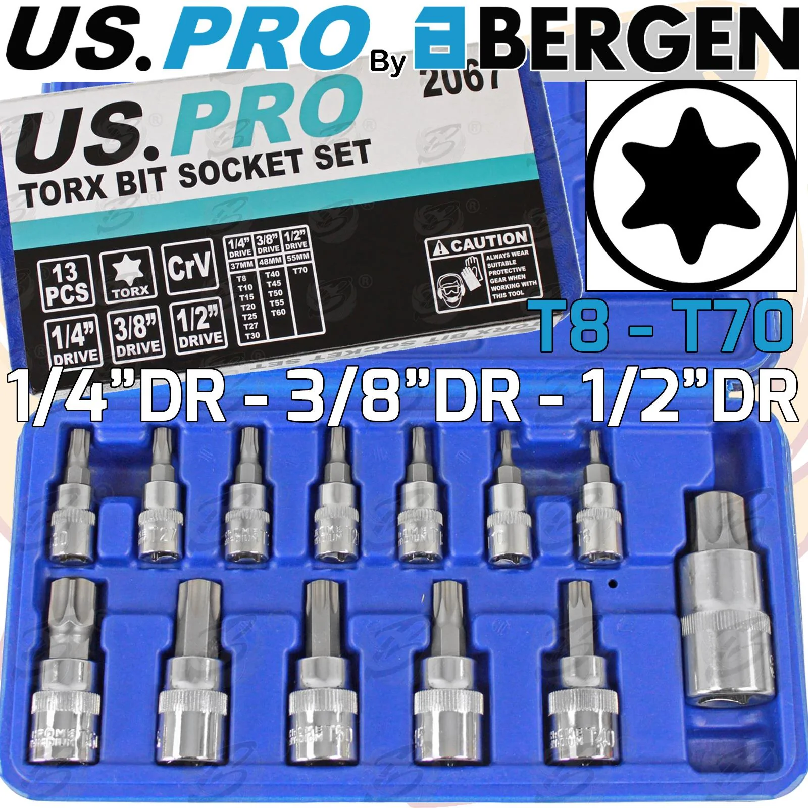 US Pro 13 Piece 1/4″ & 3/8″ & 1/2″ Drive Torx Bit Sockets T8 – T70  2067
