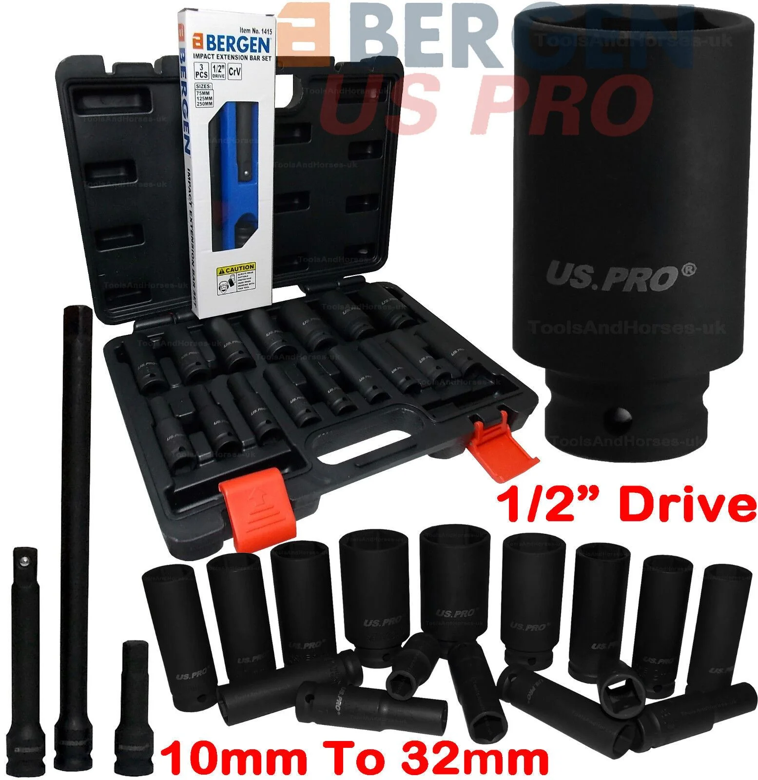 US Pro Thin Wall Deep Impact Socket Set 1/2″Drive 16 Piece 10mm-32mm& 3 Piece Impact Extension Bar  1340 & 2086