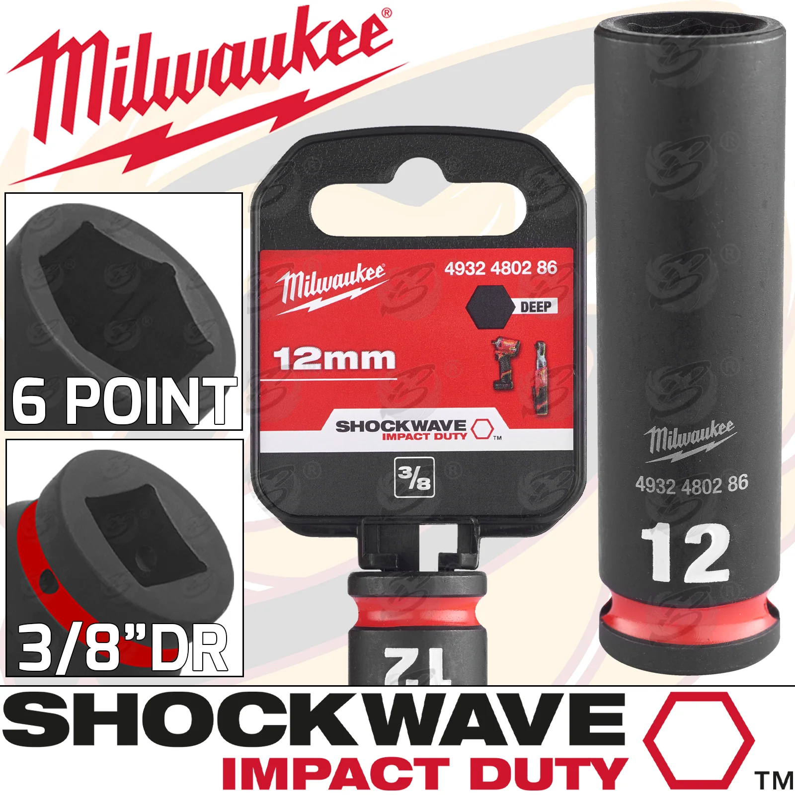 Milwaukee 12mm 3/8″ Drive 6 Point Deep Impact Socket ( Single ) ( 4932480286 )