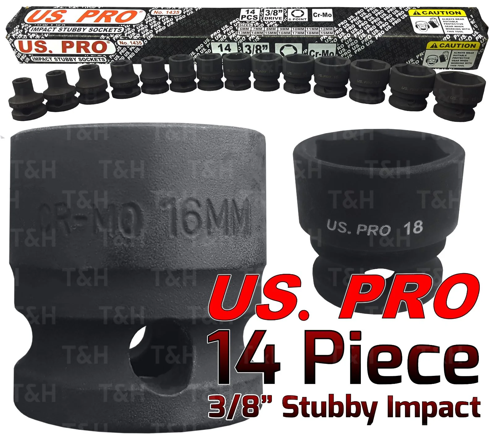 US Pro 14 Piece 3/8″ Drive 6 Point Shallow Impact Sockets 6mm – 19mm  1435
