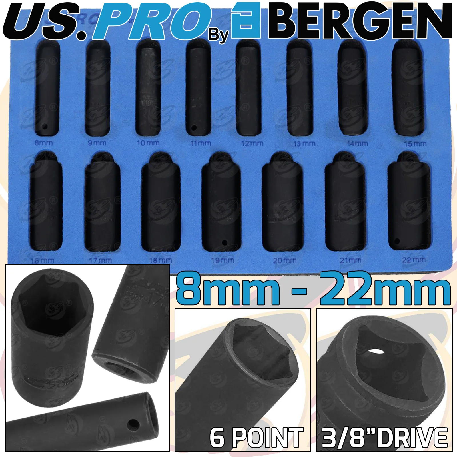 US Pro 15 Piece 3/8″ Drive 6 Point Deep Impact Sockets 8mm – 22mm  3831