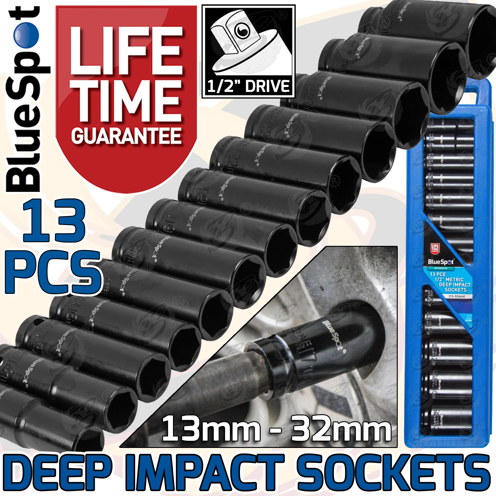 BlueSpot 13 Piece 1/2″ Drive 6 Point Deep Impact Sockets 13mm – 32mm ( 01538 )