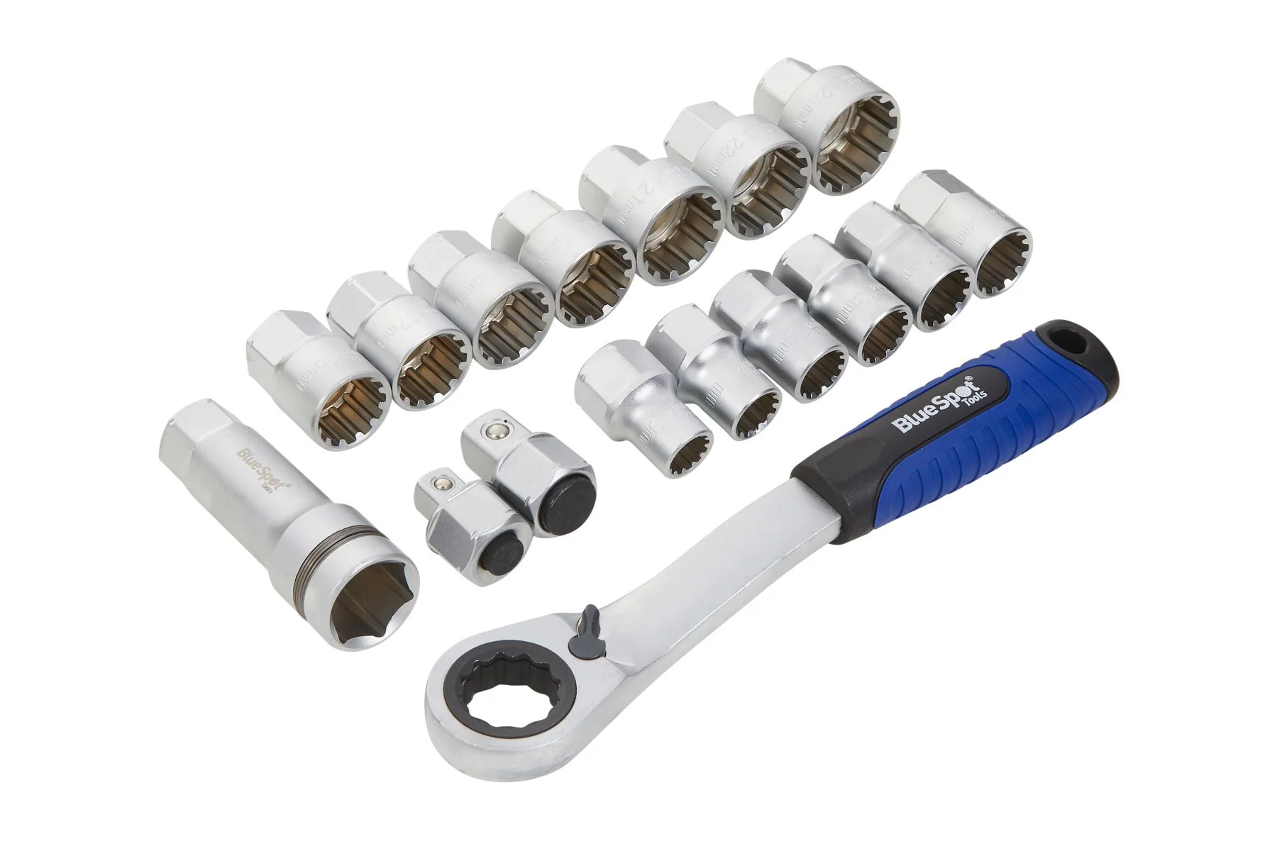 BlueSpot 17 Piece 3/8″ & 1/2″ Multi Fit Go Through Socket Set (10mm – 24mm) With A Manufacturers LifeTime Guarantee 01616