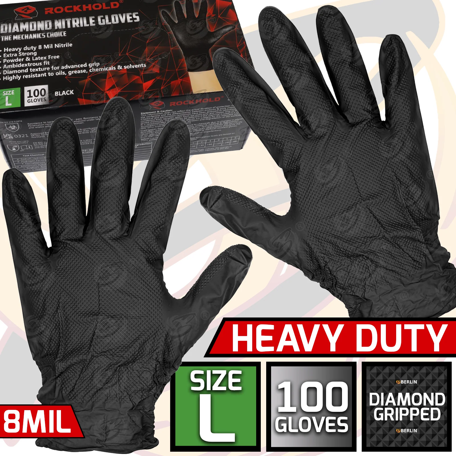 Rockhold Heavy Duty Black 8 Mil Nitrile Diamond Grip Gloves ( Large – 100 Gloves )  90010 / L ( 1 BOX ) ( D )