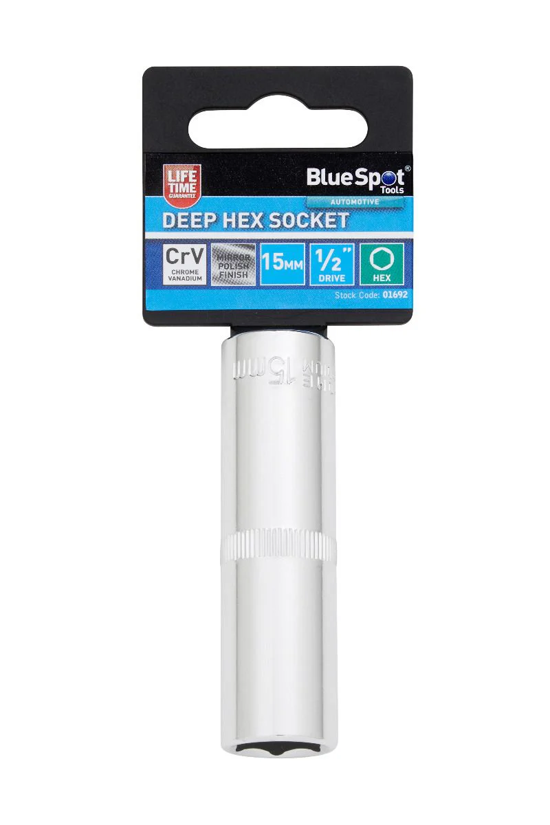 BlueSpot 15mm 1/2″ Drive 6 Point Deep Socket ( Single ) With A Manufacturers LifeTime Guarantee 01692