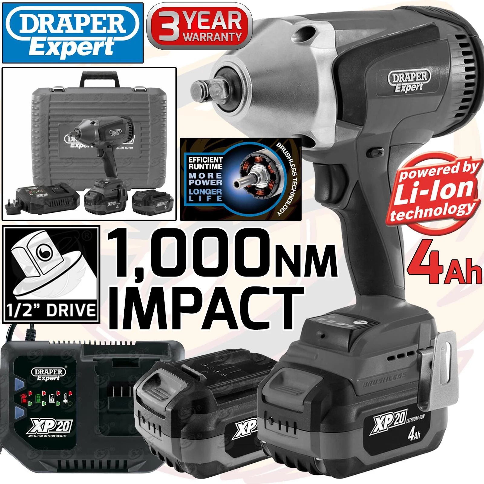 Draper 20V 1000Nm 1/2″ Drive Cordless Impact Wrench Brushless X2 4Ah Li-Ion Batteries ( 98960 )