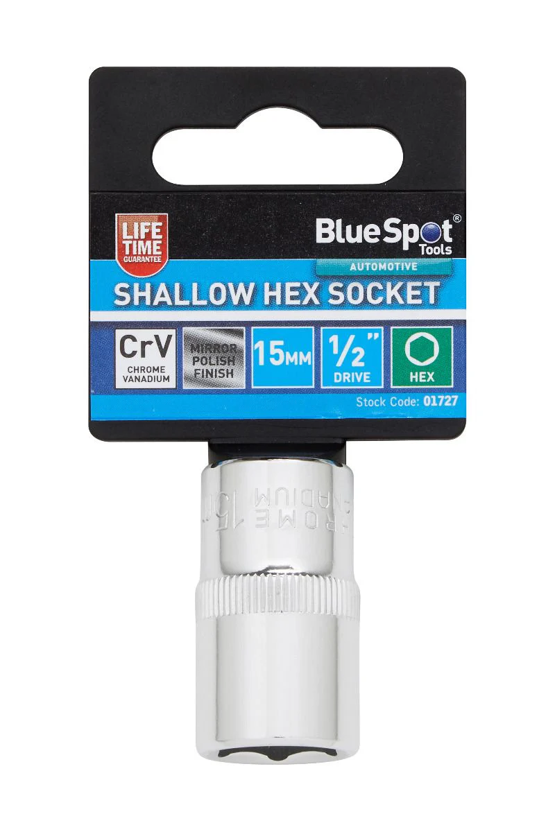 BlueSpot 15mm 1/2″ Drive 6 Point Shallow Socket ( Single ) With A Manufacturers LifeTime Guarantee 01727