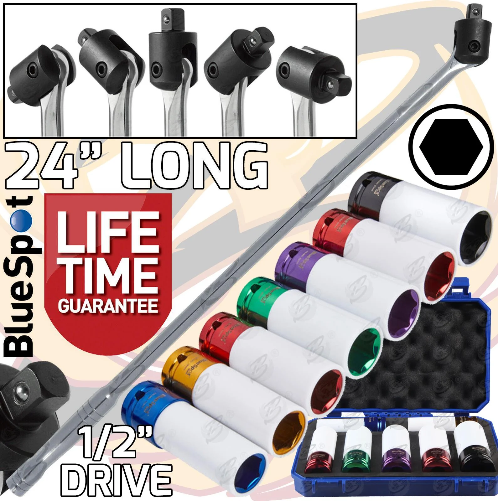BLUESPOT 1/2″ DRIVE 24″ LONG BREAKER BAR & 7PCS 6 POINT ALLOY WHEEL NUT SOCKETS 17MM – 27MM