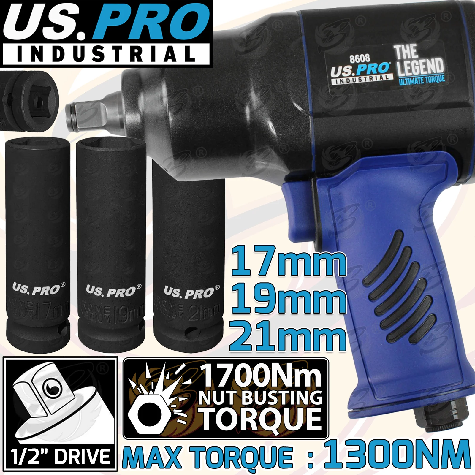 US Pro 1/2″ Drive Air Impact Wrench 1700Nm Nbt ( The Legend ) & 17mm – 19mm – 21mm Deep Impact Sockets  8608 & 3753 & 3861 & 1367
