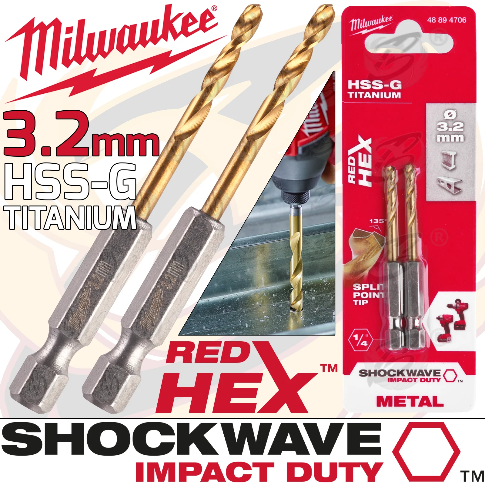 Milwaukee 3.2mm HSS Titanium Metal Red Hex Drill Bit ( 48894706 )