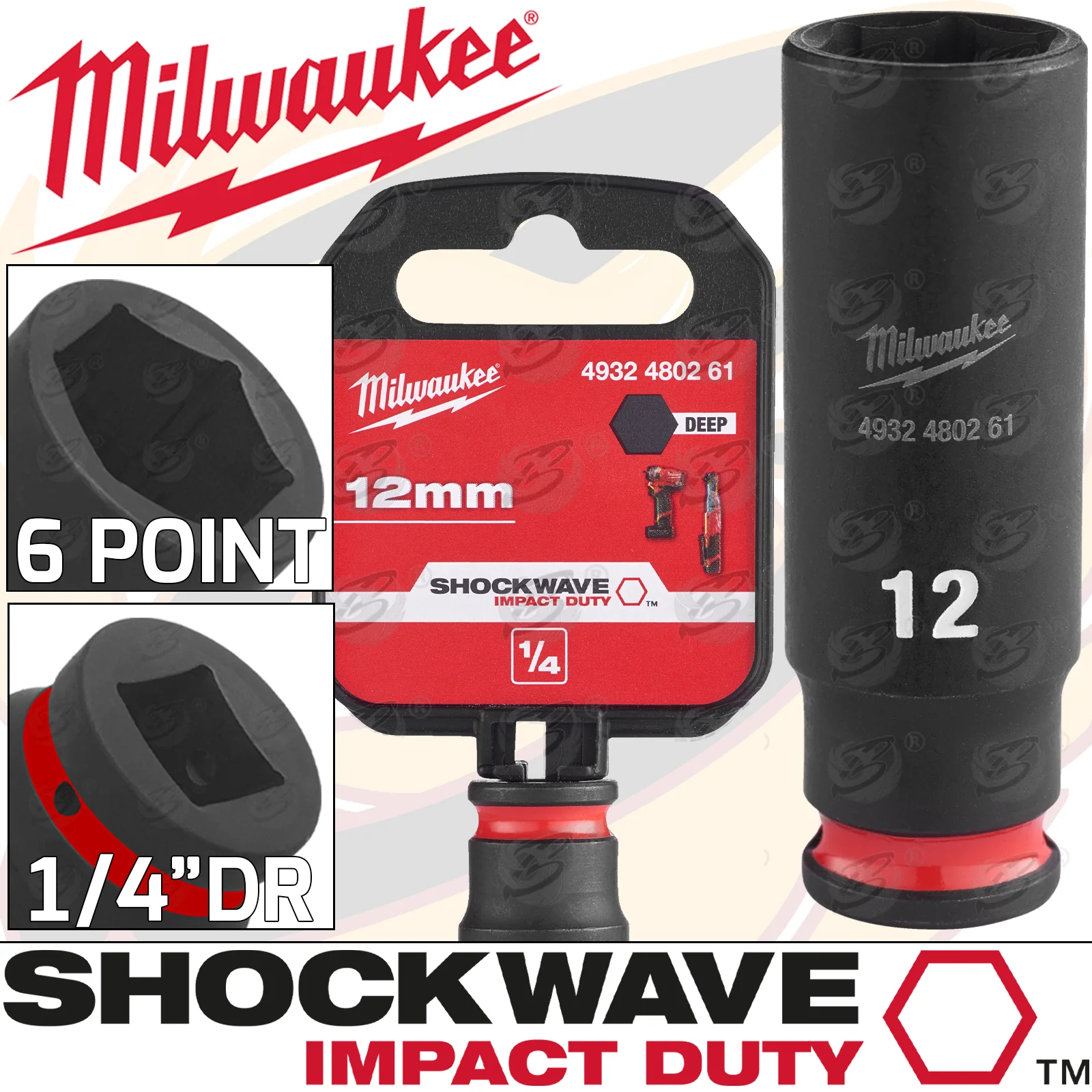 Milwaukee 12mm 1/4″ Drive 6 Point Deep Impact Socket ( Single ) ( 4932480261 )