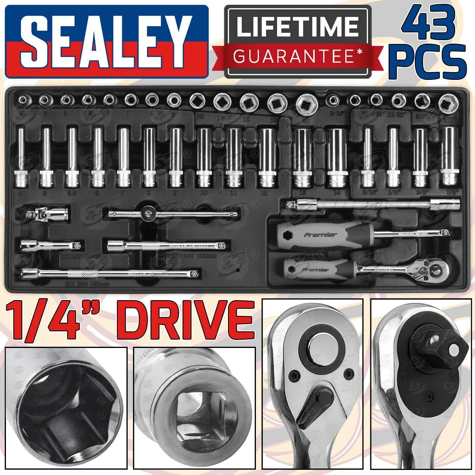 Sealey 43 Piece 1/4″ Drive 6 Point Socket Set 4mm – 14mm ( TBT33 )