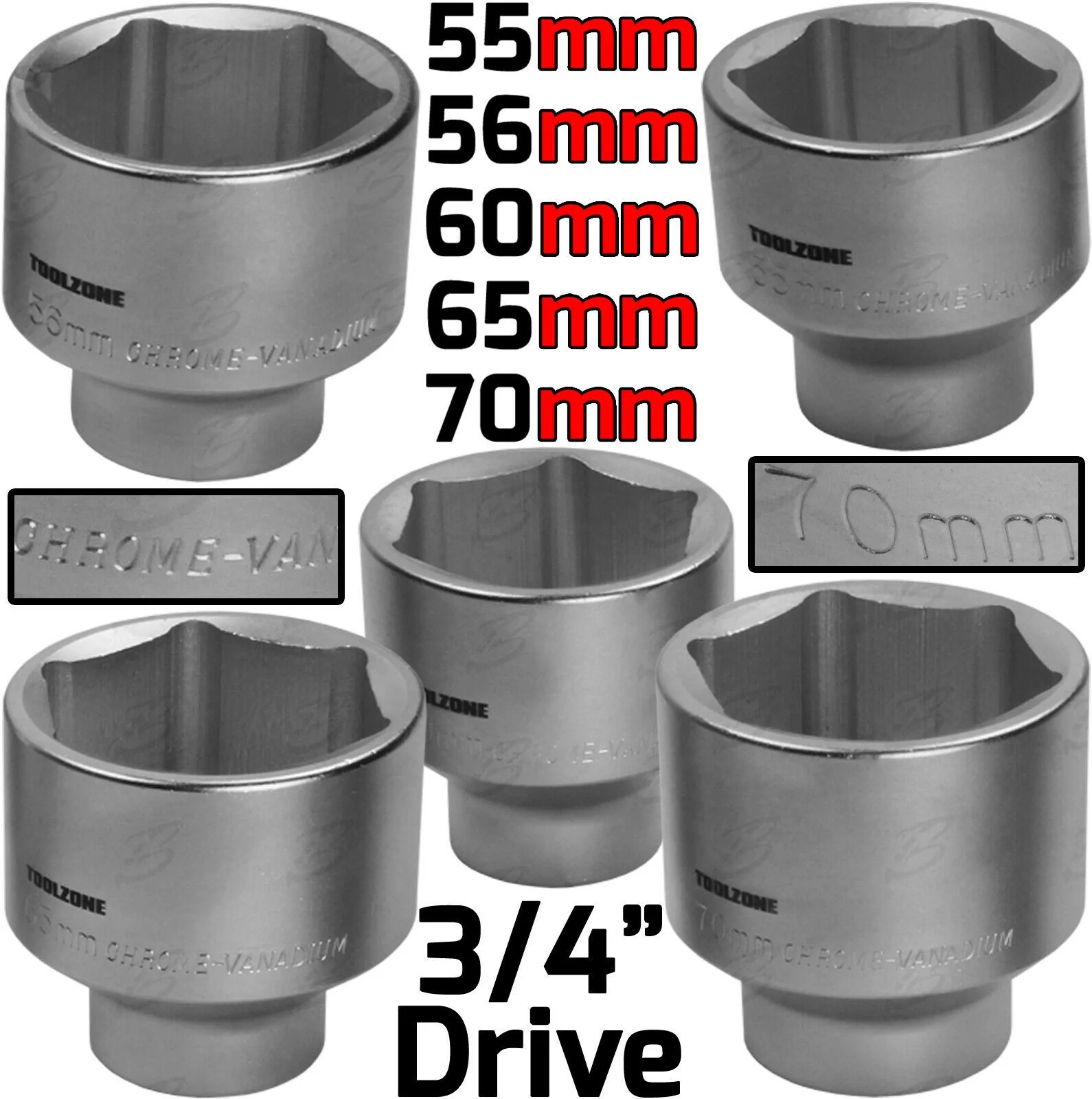Toolzone 5 Piece 3/4″ Drive 12 Point Sockets 55mm – 70mm ( SS028 )