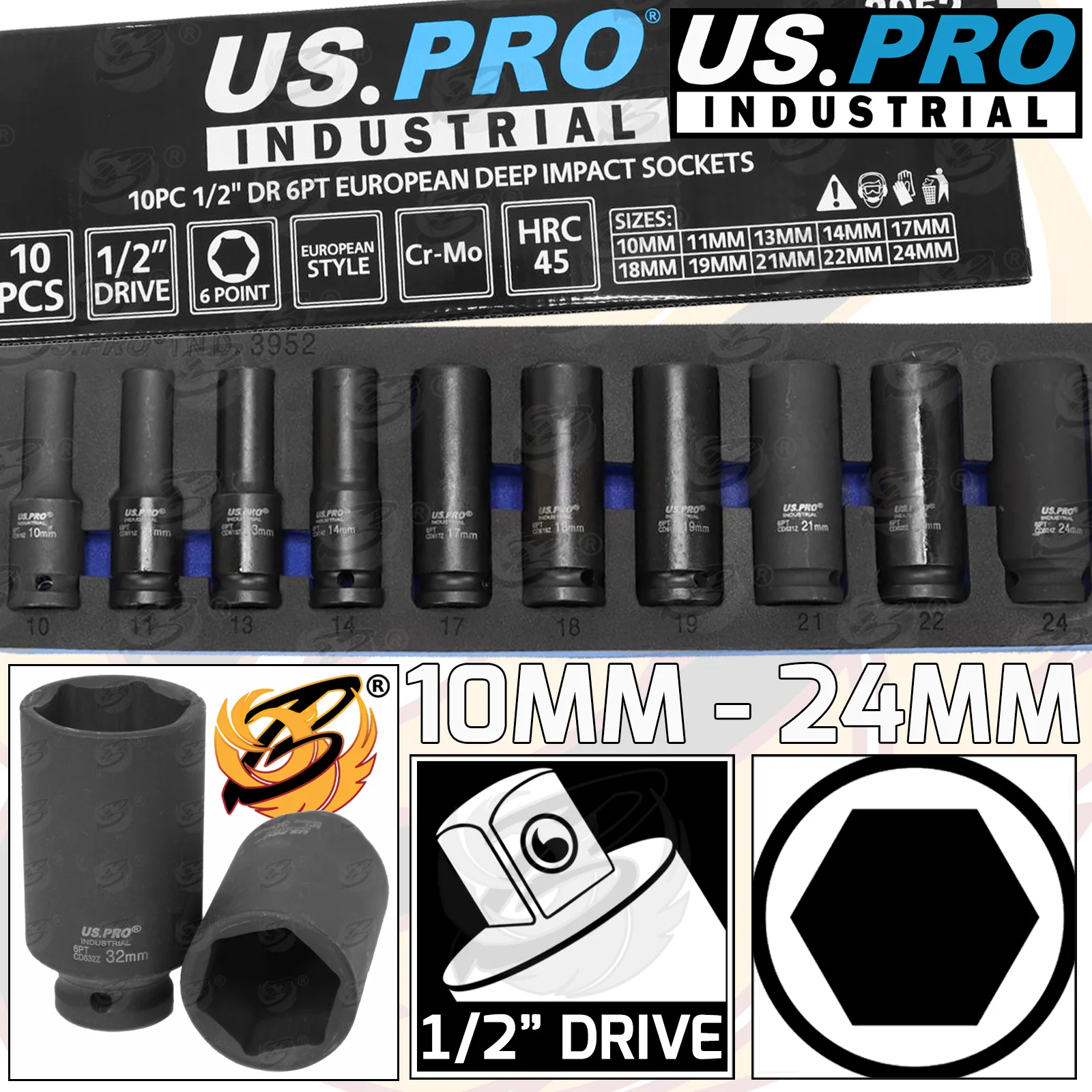 US Pro Industrial 10 Piece 1/2″ Drive 6 Point Deep Impact Sockets 10mm – 24mm  3952