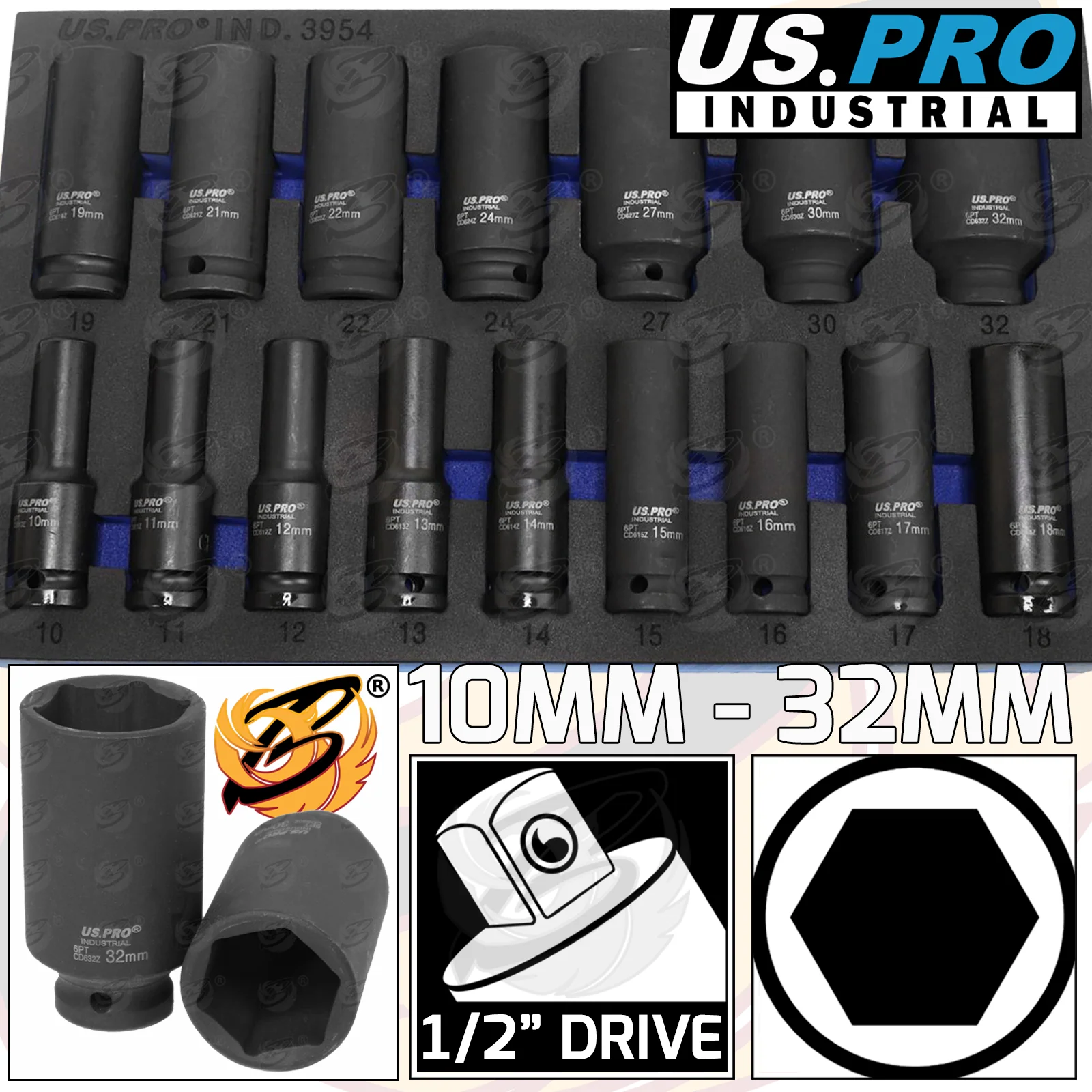 US Pro Industrial 16 Piece 1/2″ Drive 6 Point Deep Impact Sockets 10mm – 32mm  3954