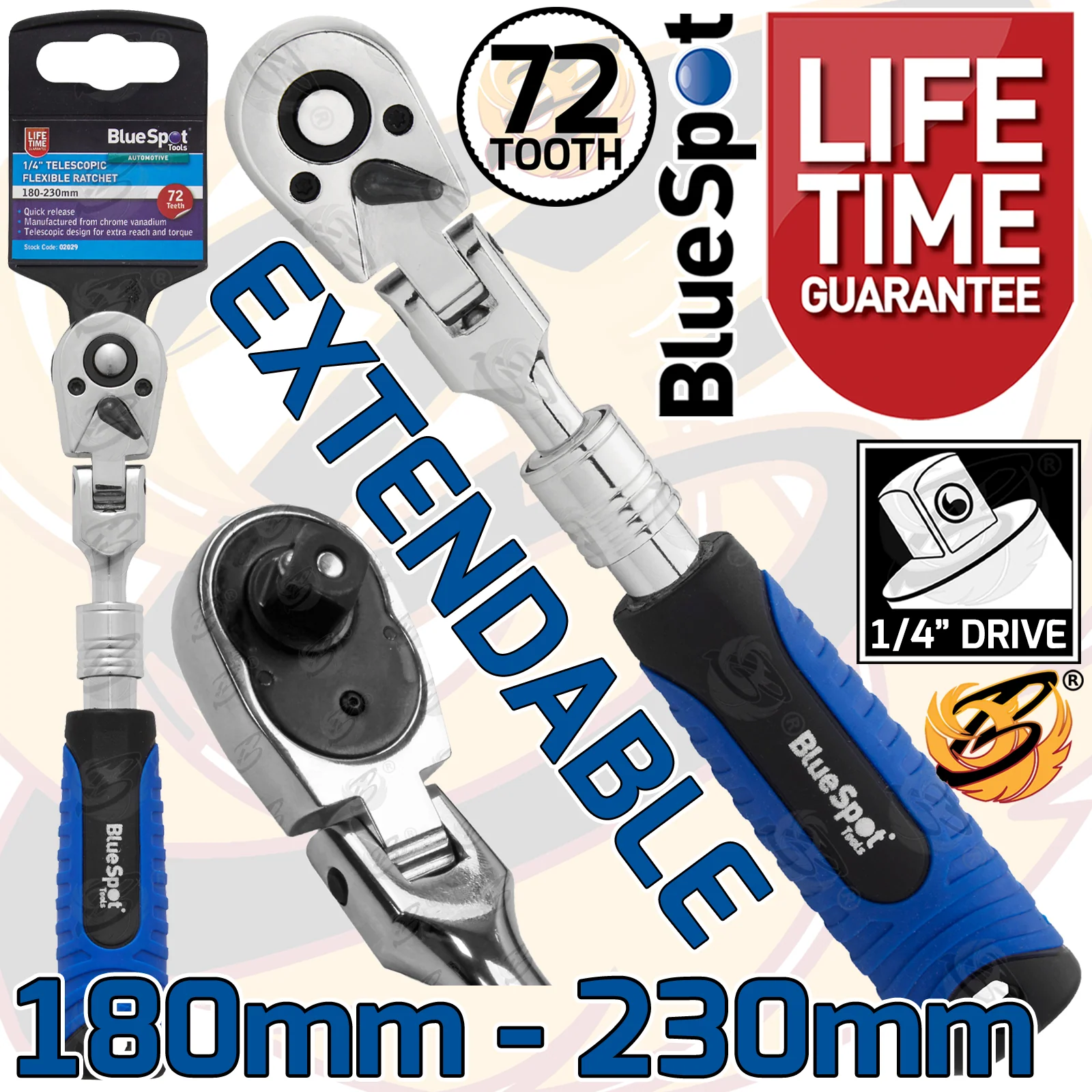 BlueSpot 1/4″ Drive 72 Tooth Extendable Flexible Ratchet Handle ( 180mm – 230mm ) ( 02029 )