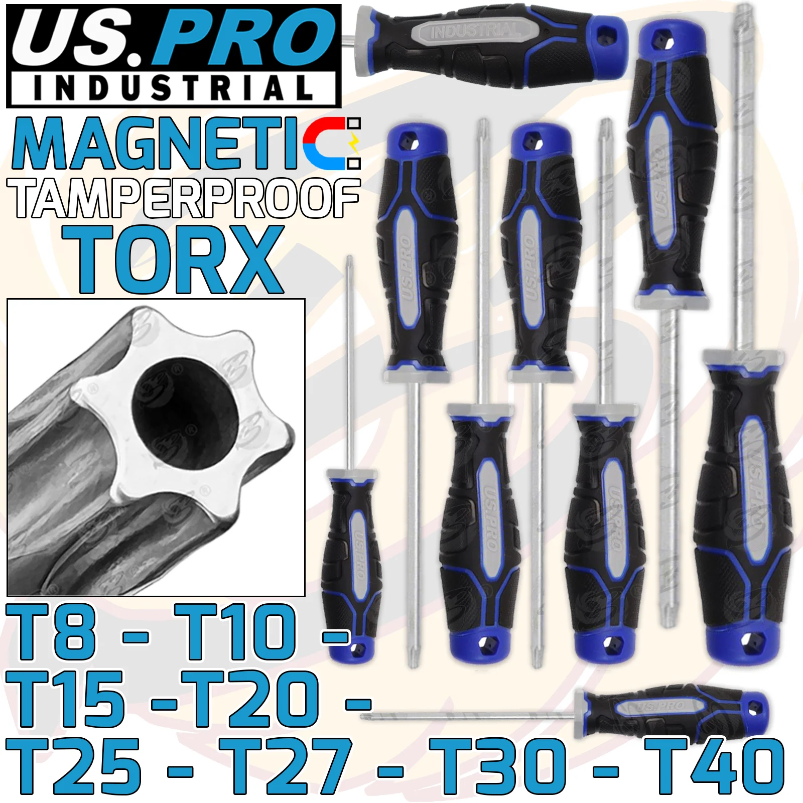 US Pro Industrial 8 Piece Magnetic Tamper Proof Torx Screwdriver Set T8 – T40  4614