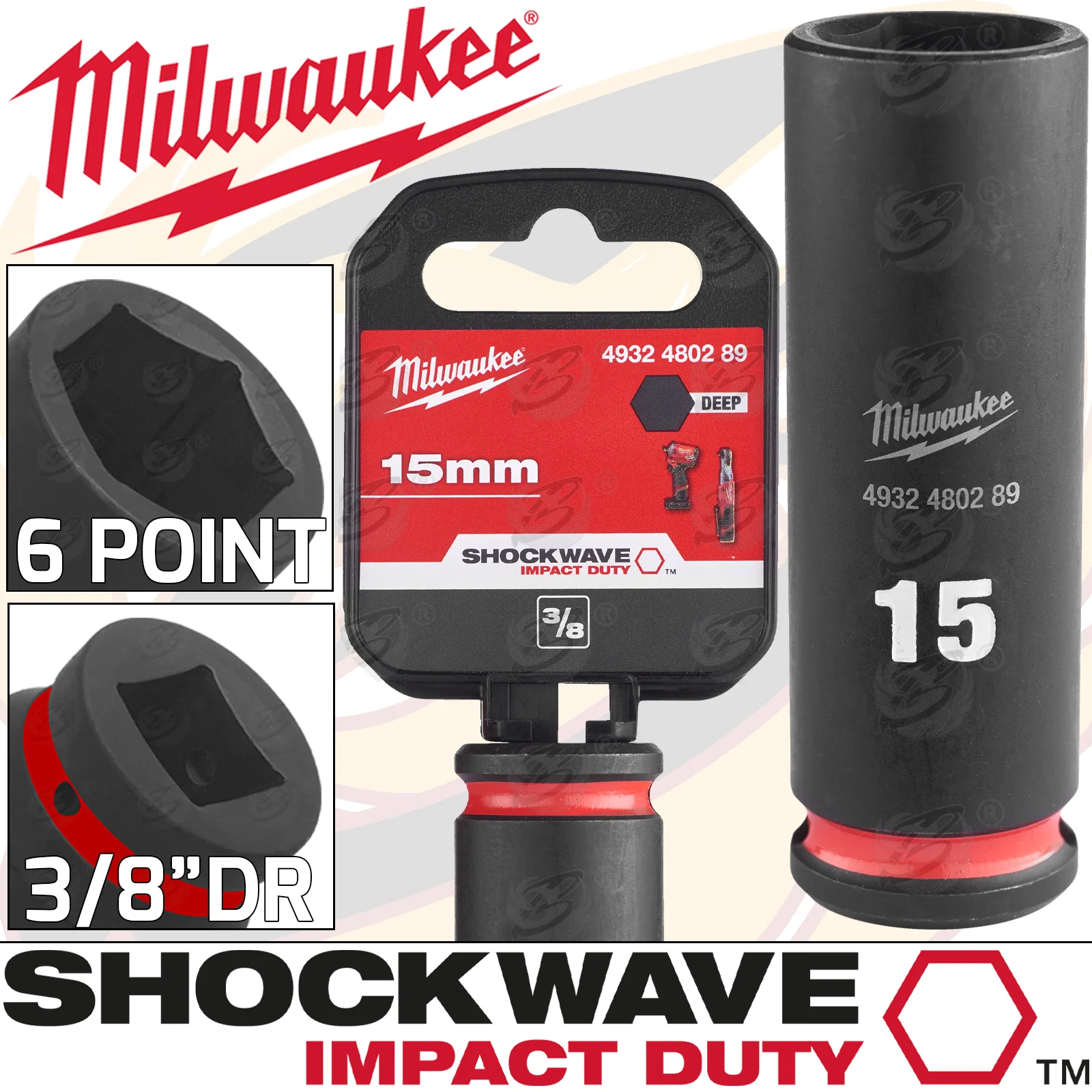 Milwaukee 15mm 3/8″ Drive 6 Point Deep Impact Socket ( Single ) ( 4932480289 )
