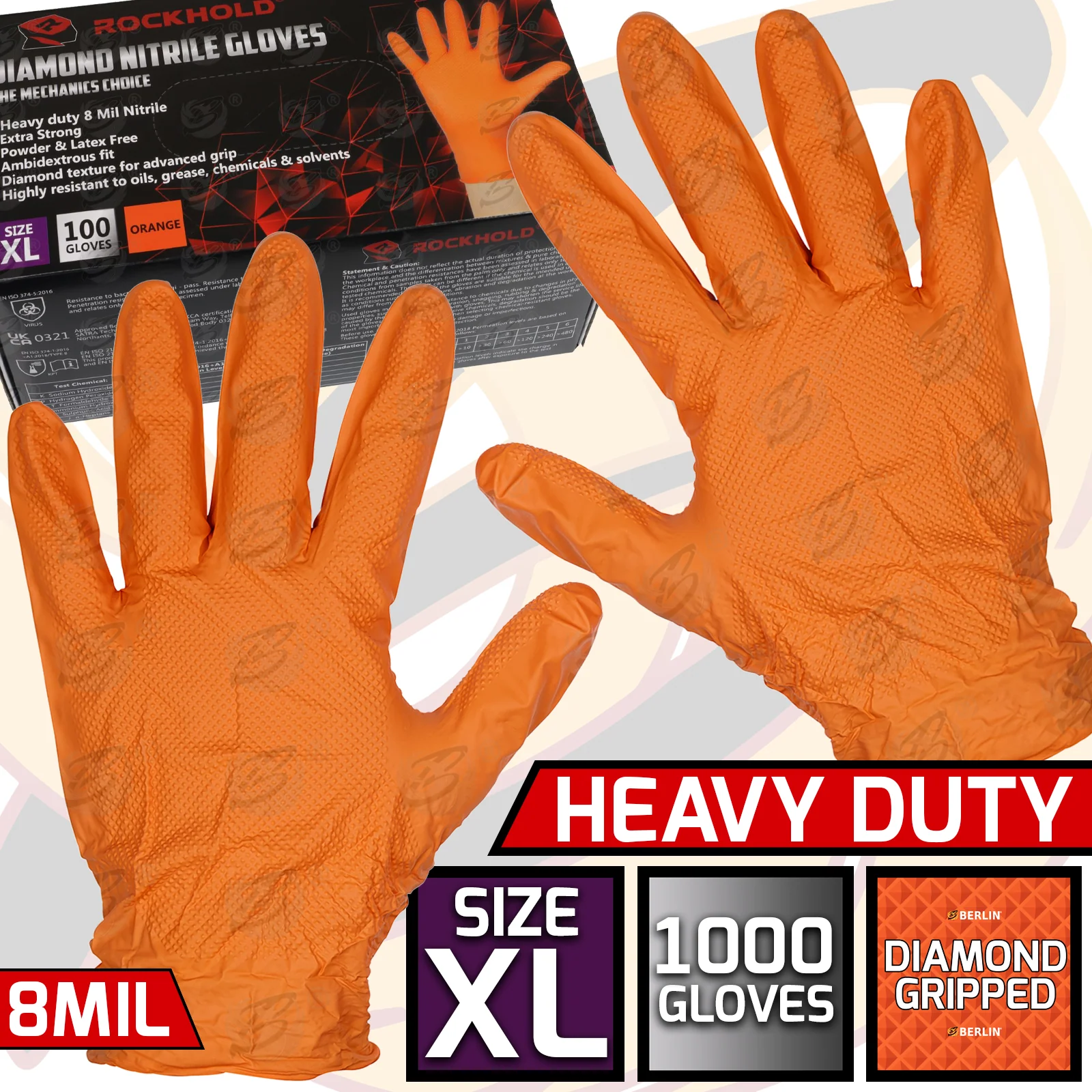 Rockhold Heavy Duty Orange 8 Mil Nitrile Diamond Grip Gloves ( x Large – 1000 Gloves )  90014 / XL ( 10 BOXES )