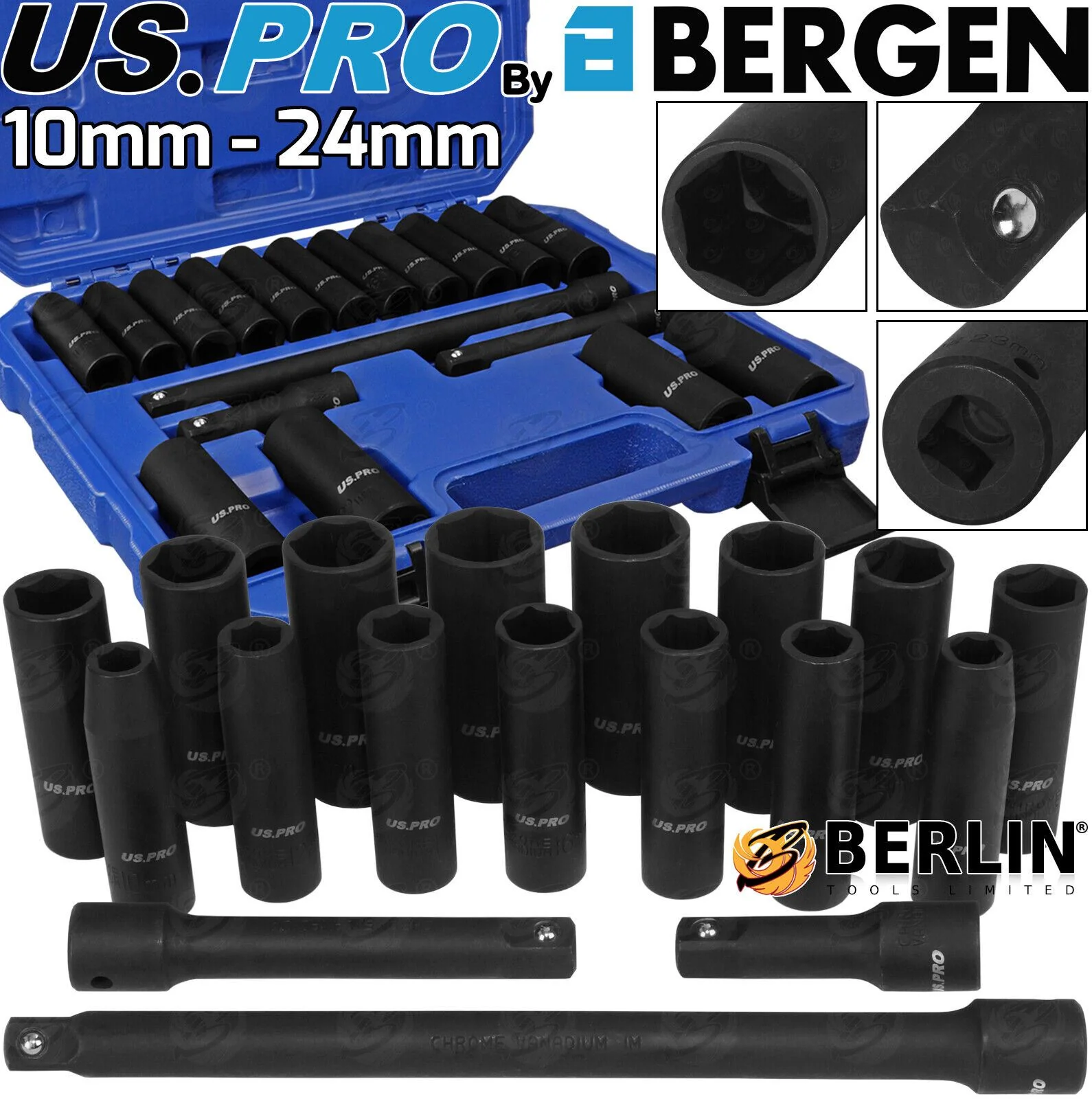 US Pro 1/2″ Drive 6 Point Deep Impact Sockets & Extensions 10mm – 24mm  3428