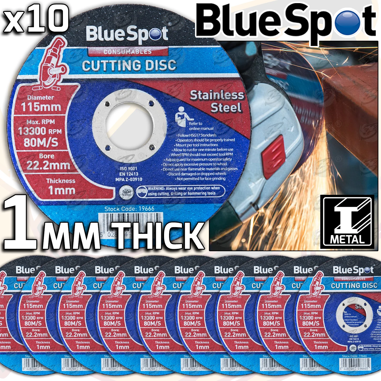 BlueSpot 1mm Thick Stainless Steel Cutting Discs ( x 10 Discs ) ( 19666 )