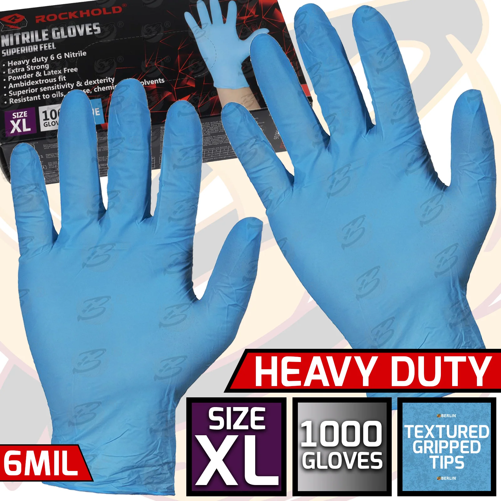 Rockhold Heavy Duty Blue 6 Mil Nitrile Textured Tip Gloves ( x Large – 1000 Gloves )  90017 / XL ( 10 BOXES )