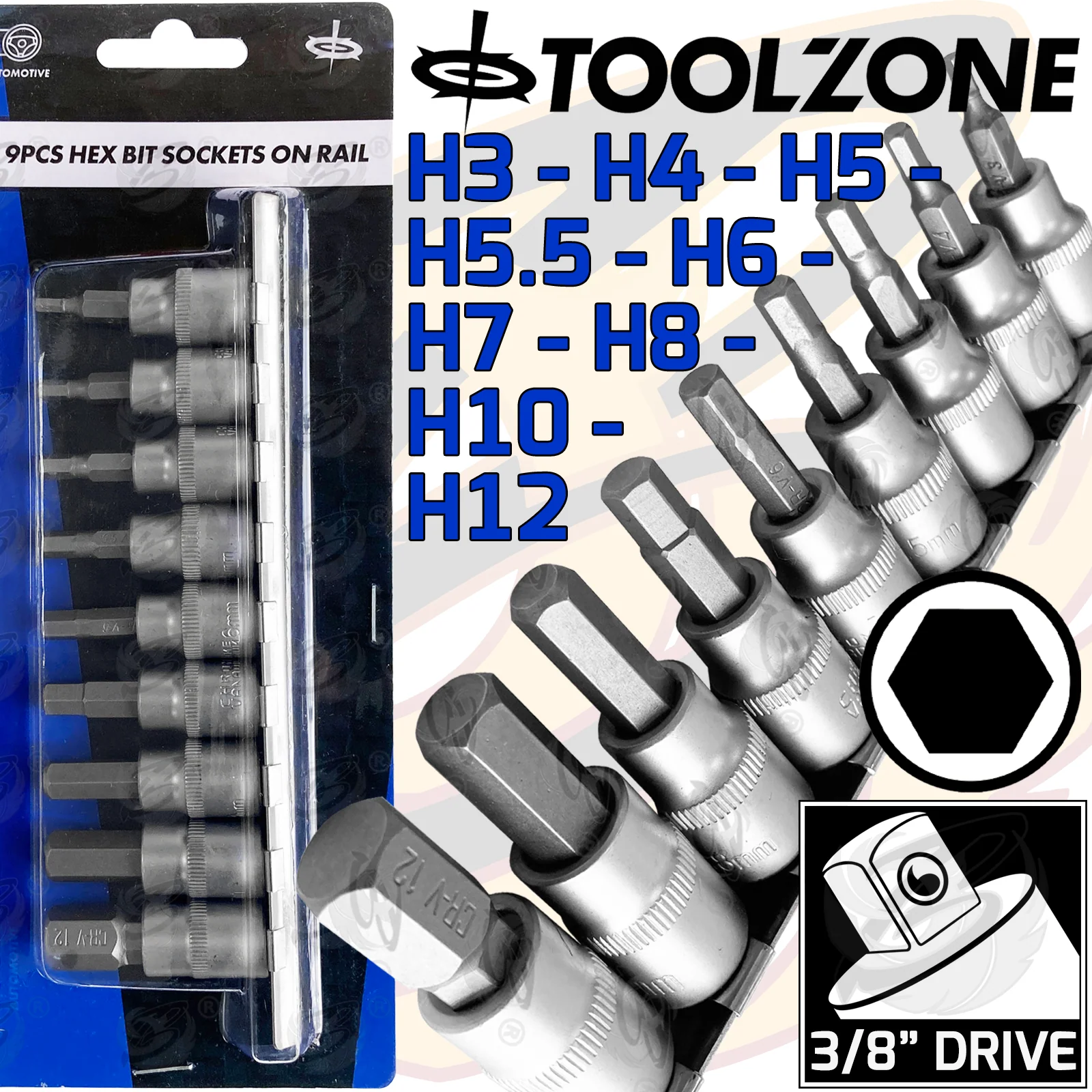 Toolzone 9 Piece 3/8″ Drive Hex Bit Sockets H3 – H12 ( HX035 )