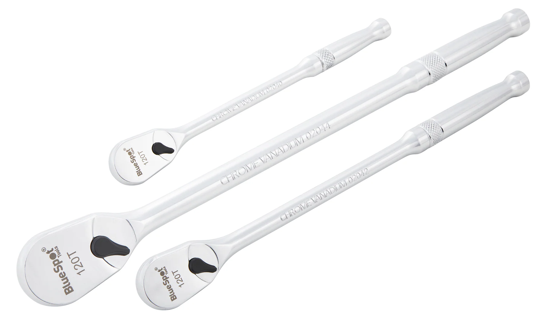 BlueSpot 3 Piece 1/4″ & 3/8″ & 1/2″ Drive 120 Tooth Extra Long Ratchet Handles With A Manufacturers LifeTime Guarantee 02040 & 02042 & 02044