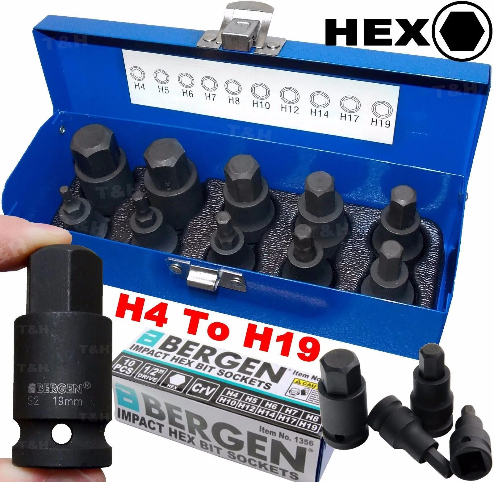 US Pro 10 Piece 1/2″ Drive Impact Hex Bit Sockets H4 – H19  1366